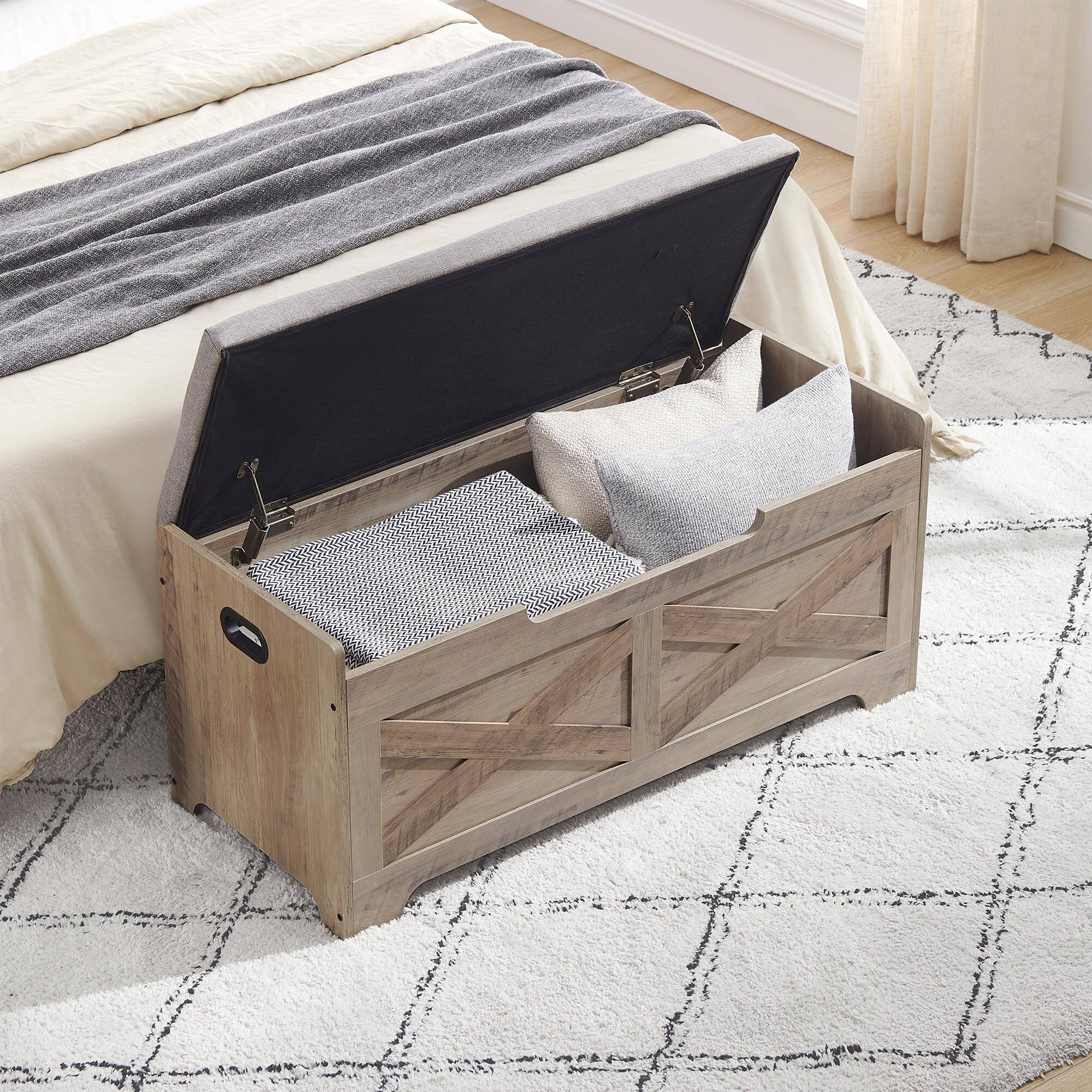 Angle. Jojoka - Storage Chest with Storage - Wooden Large Entryway Storage Bench with Soft Cushion, Shoe Ottoman Toy Organizer - Grey.