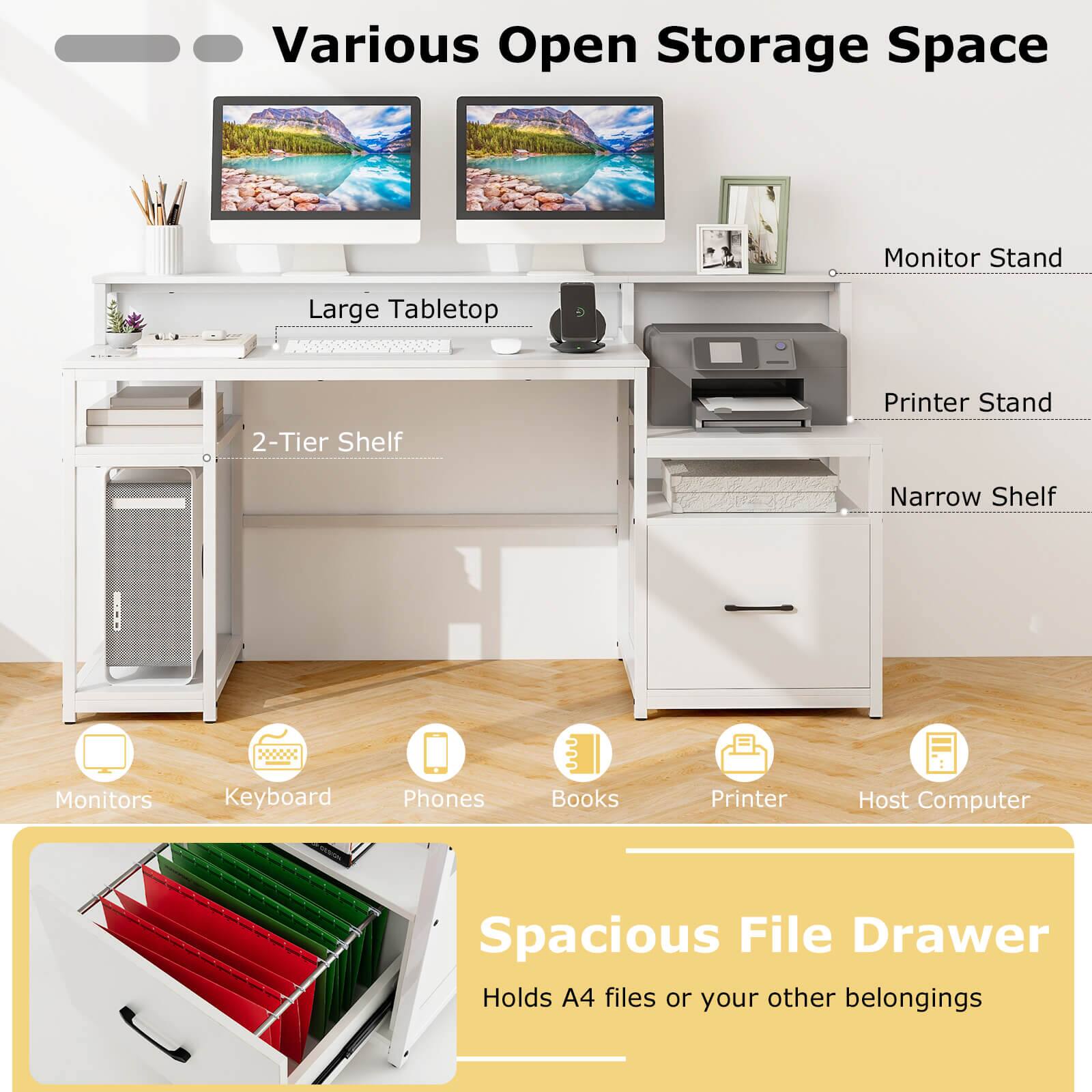 Various Open Storage Space Monitor Stand Large Tabletop 2-Tier Shelf Printer Stand Narrow Shelf Monitors Keyboard Phones Books Printer Host Computer Spacious File Drawer Holds A4 files or your other belongings