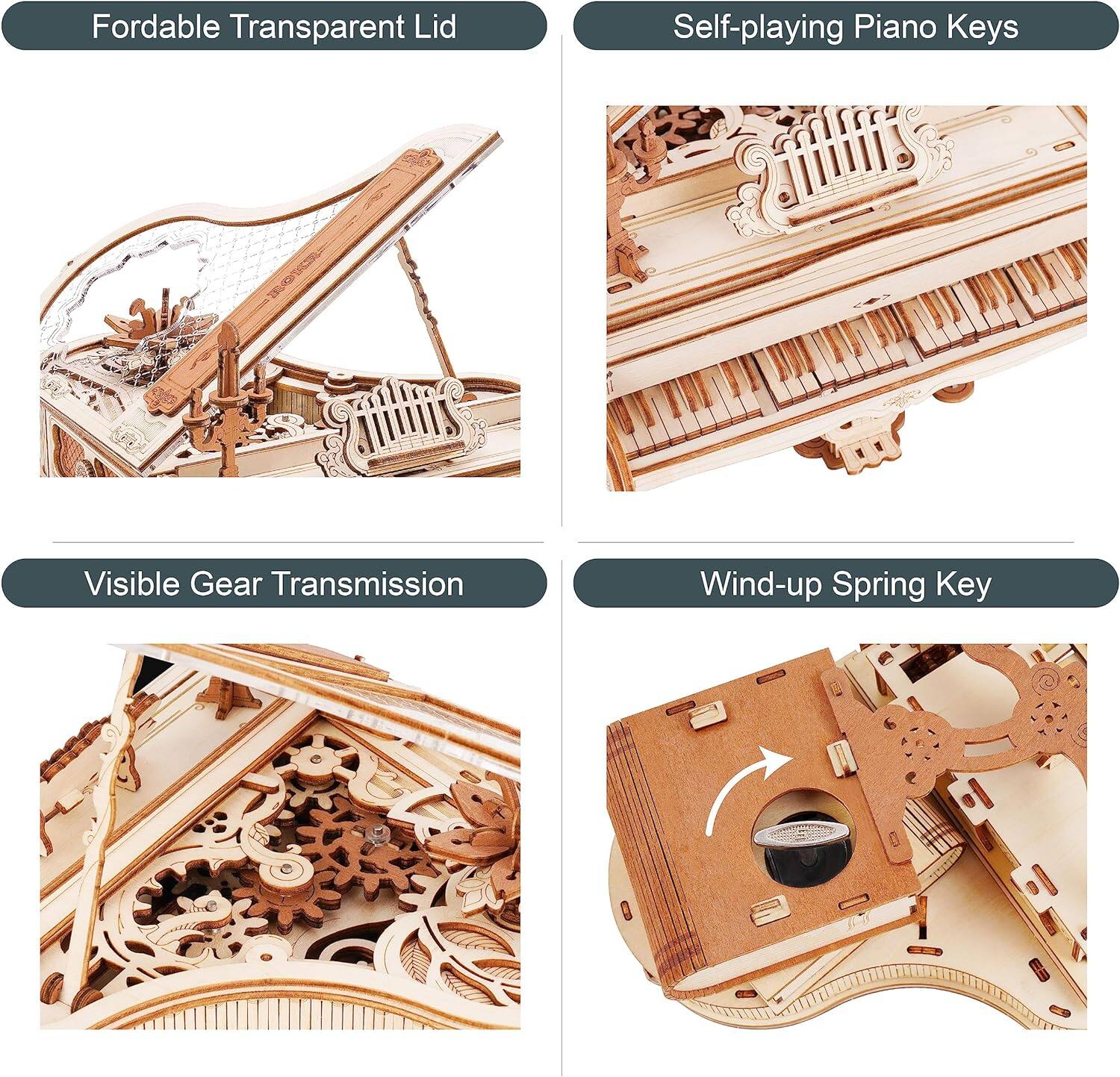 - Fodrable Transparent Lid
- Self-playing Piano Keys
- Visible Gear Transmission
- Wind-up Spring Key