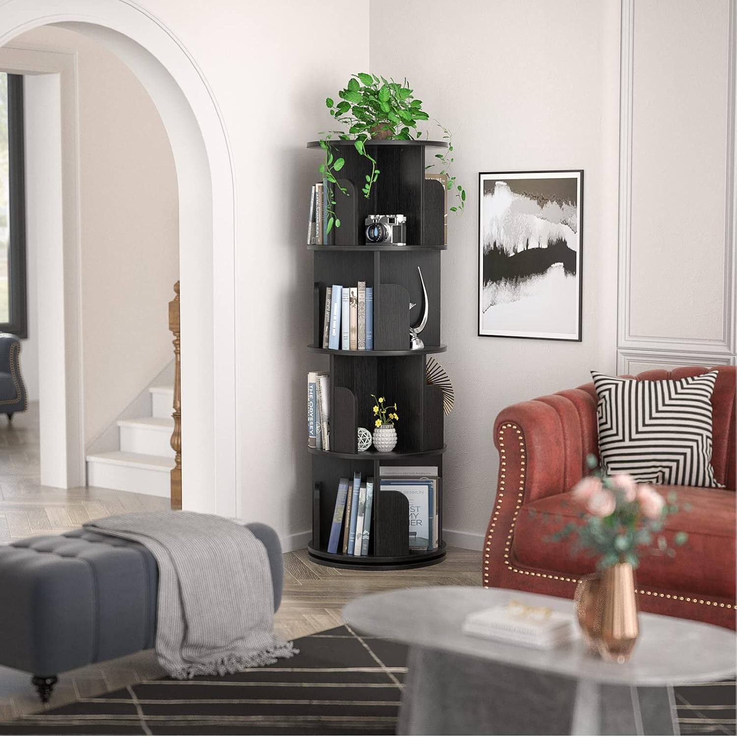 Angle. Aheaplus - 360° Rotating 4-Tier Wood Bookshelf - Space-Saving Corner Storage Rack for Bedroom, Living Room - Black.