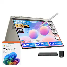 Lenovo - Upgraded - Yoga 7a 2-in-1 16" Touch Laptop,Ryzen AI 5 430,16GB RAM,512GB SSD+1TB Dock,Backlit,Finger,Stylus Pen,Win11 Pro - Seashell