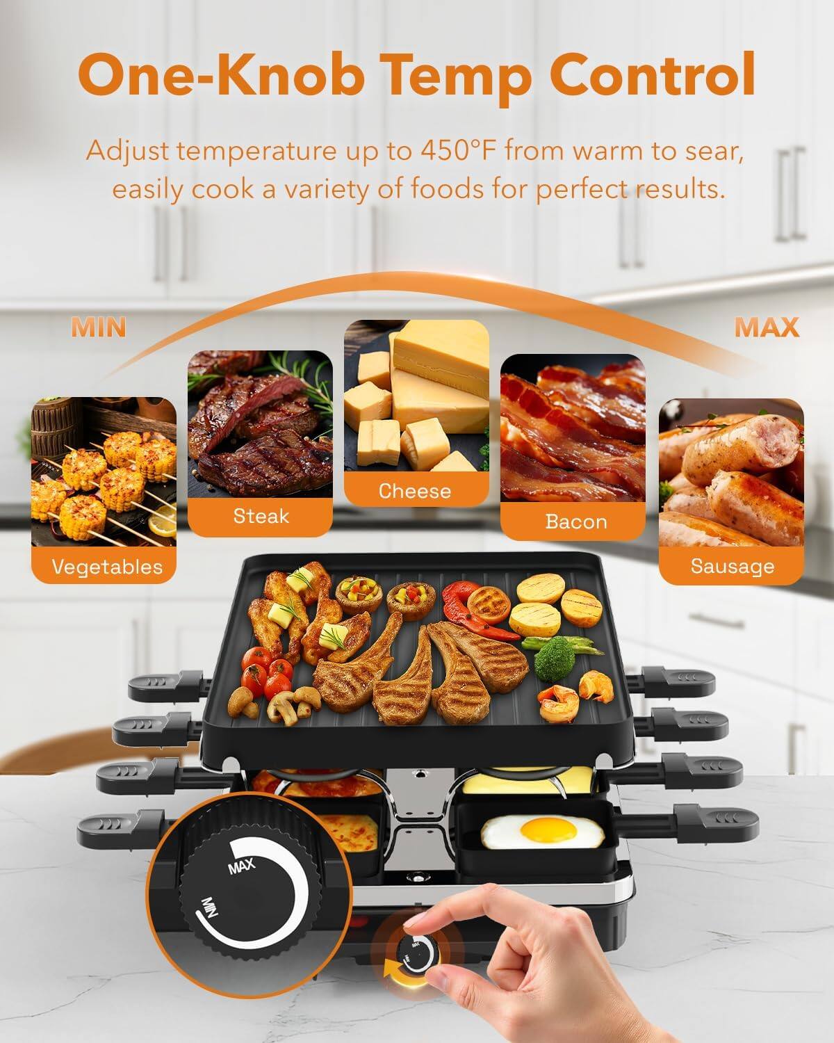 One-Knob Temp Control

Adjust temperature up to 450°F from warm to sear, easily cook a variety of foods for perfect results.

MIN  
- Vegetables  
- Steak  
- Cheese  
- Bacon  

MAX  
- Sausage