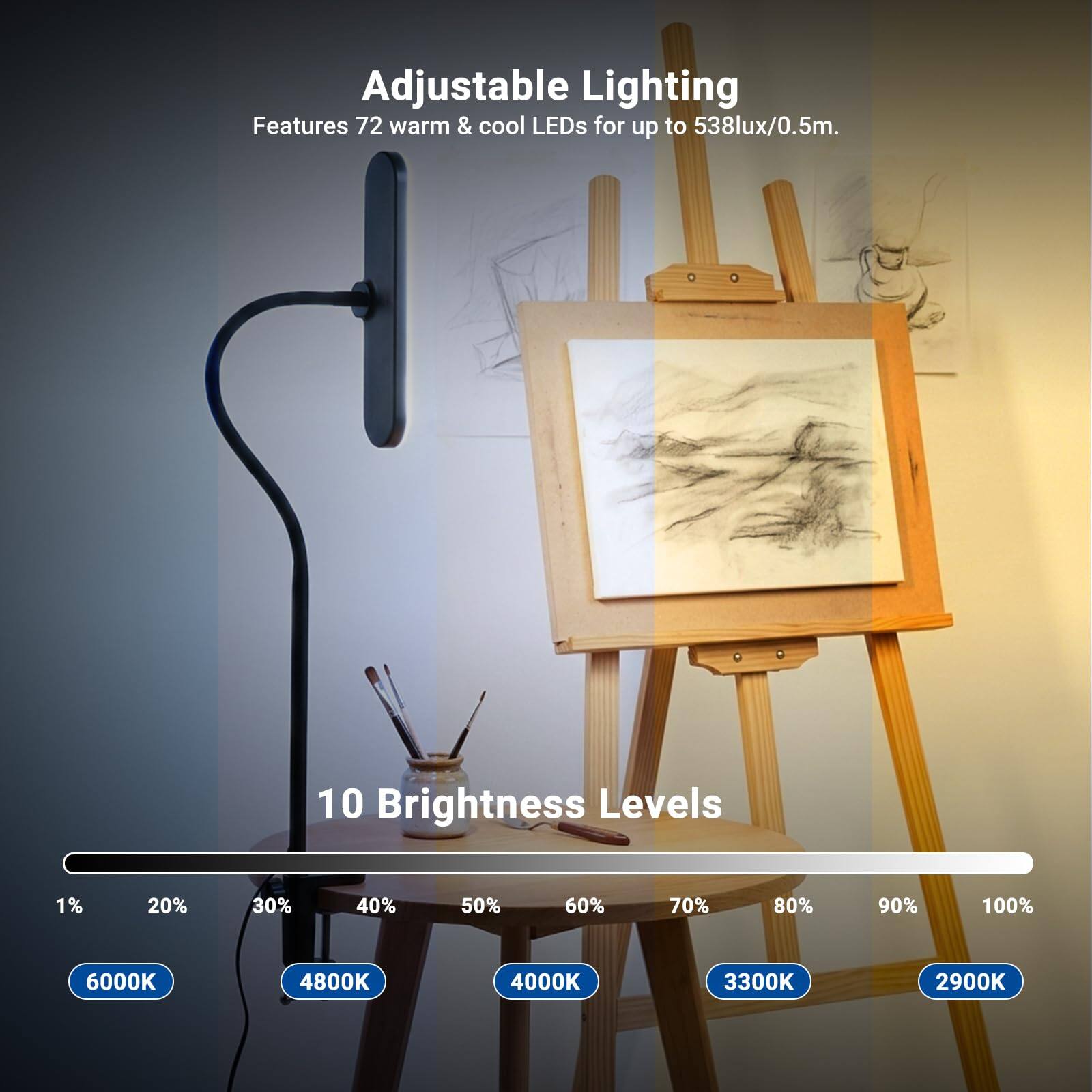 Adjustable Lighting Features  
72 warm & cool LEDs for up to 538lux/0.5m.  

10 Brightness Levels  
1% 20% 30% 40% 50% 60% 70% 80% 90% 100%  

Color Temperature Options  
6000K 4800K 4000K 3300K 2900K