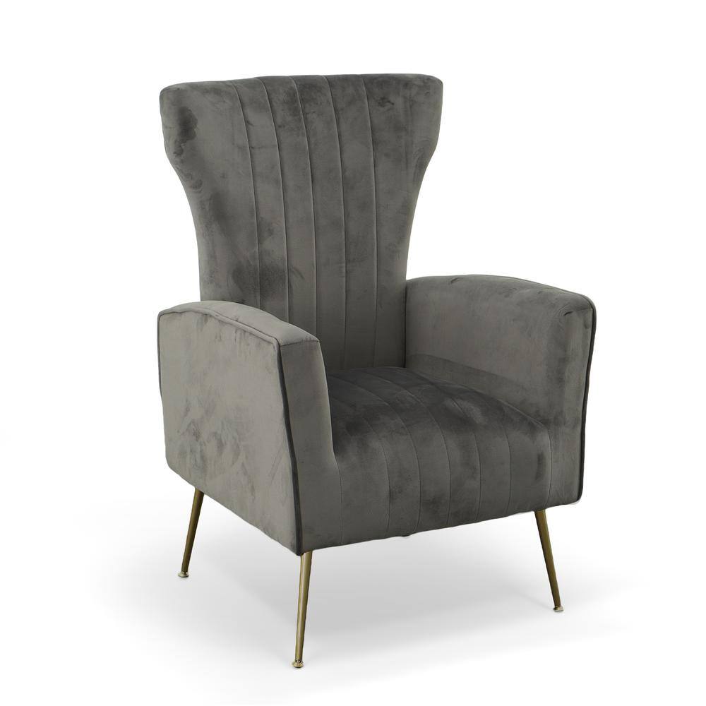 Front. Carolina Chair & Table - Cela Velvet Upholstered Wingback Chair - Grey - Grey.