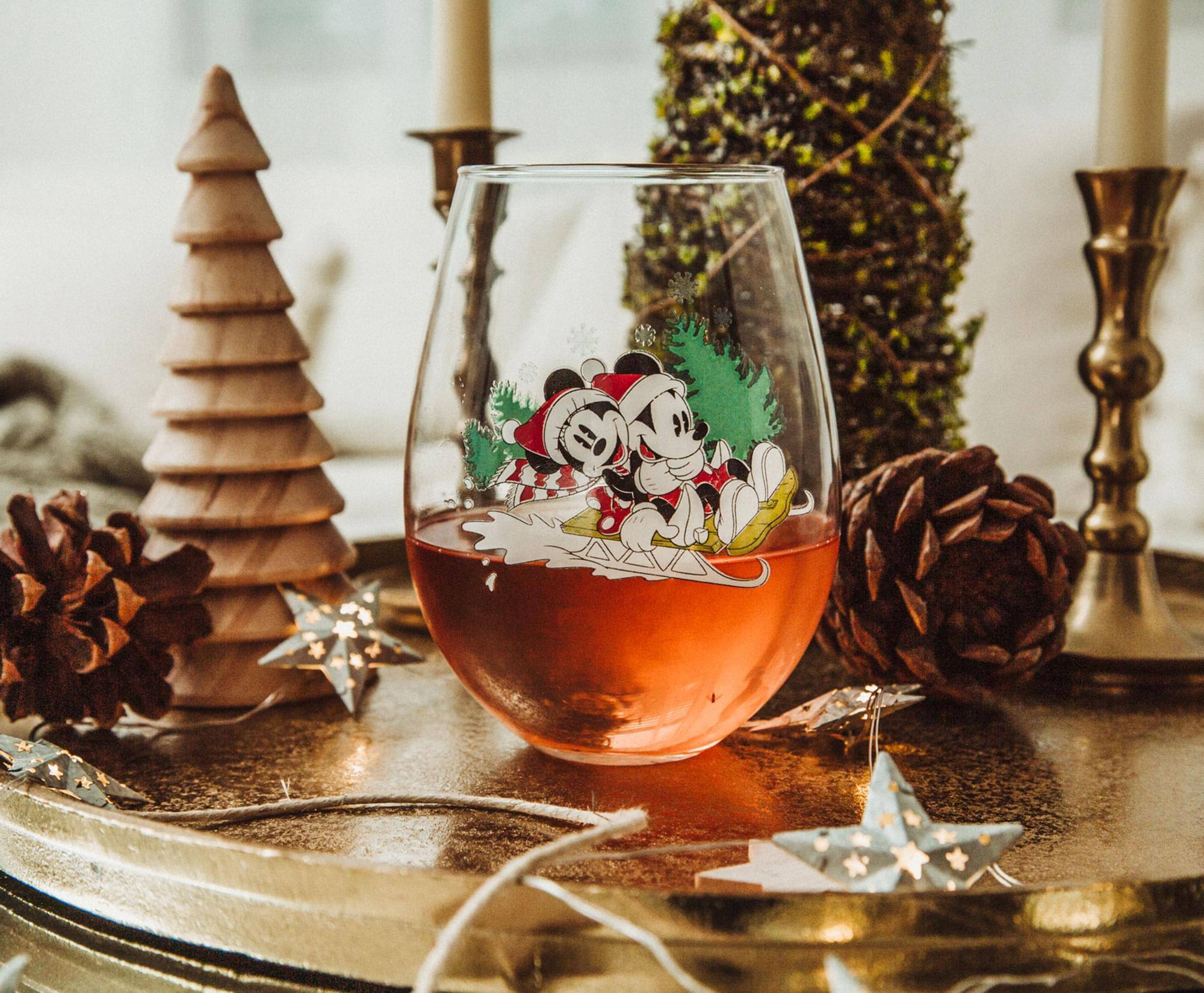Alt View 3. Silver Buffalo - Disney Mickey and Minnie Christmas Sled Stemless Wine Glass | Holds 34 Ounces - Red.
