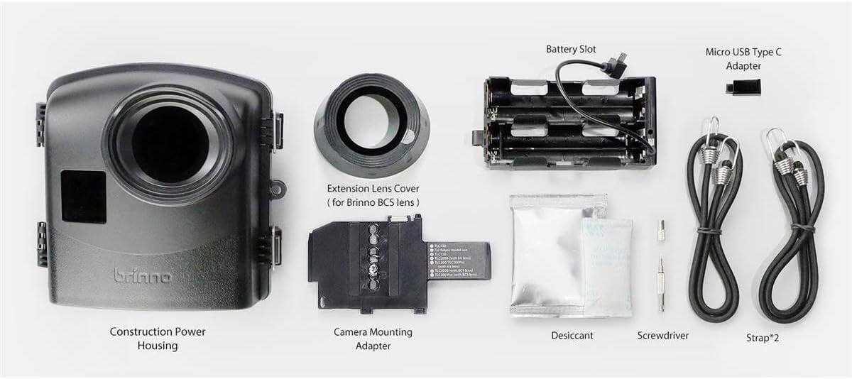 Battery Slot, Micro USB Type C Adapter, Extension Lens Cover (for Brinno BCS lens), Construction Power Housing, Camera Mounting Adapter, Desiccant, Screwdriver, Strap*2