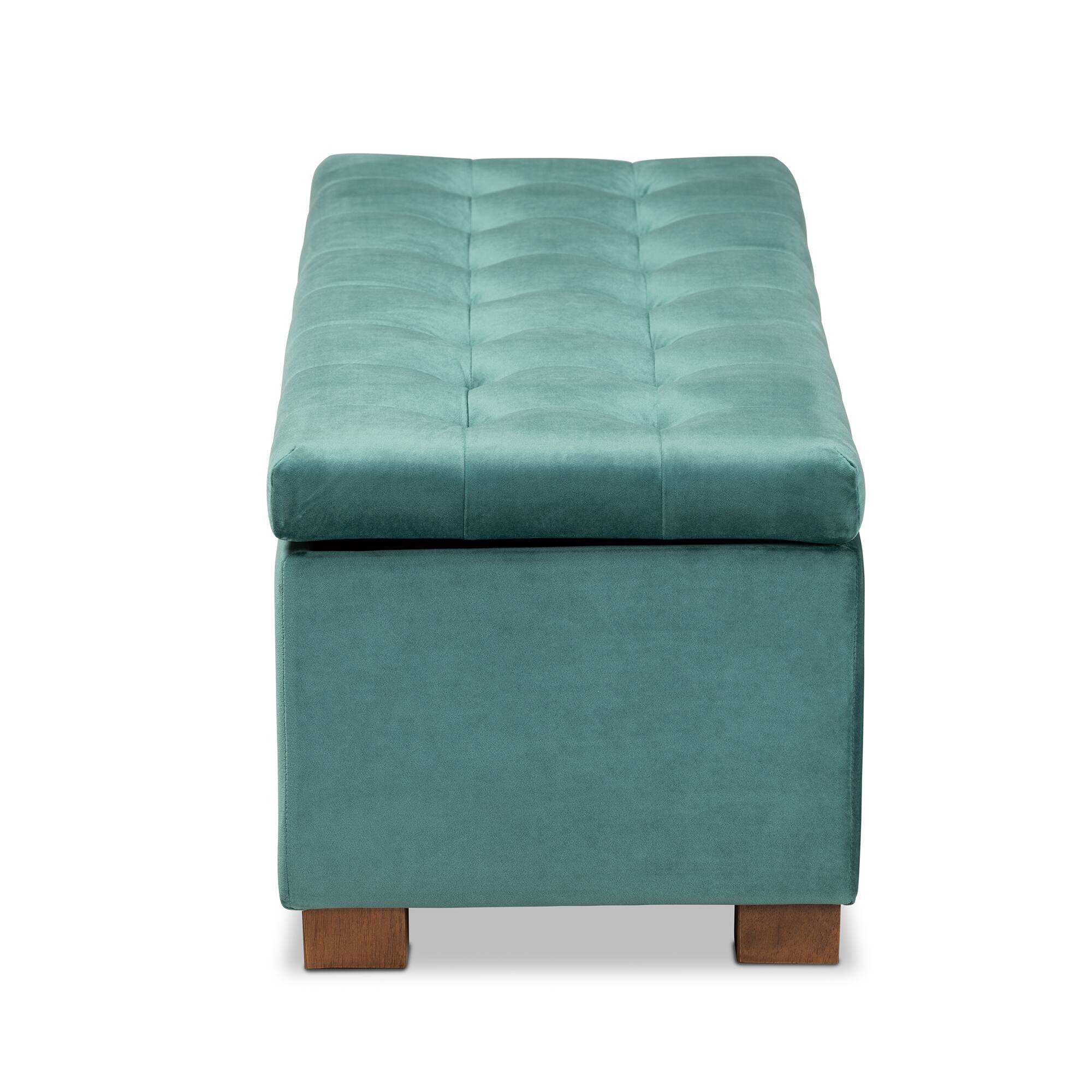 Back. Baxton Studio - Roanoke Modern and Contemporary Velvet Fabric Upholstered Grid-Tufted Storage Ottoman Bench - Teal Blue/Brown.