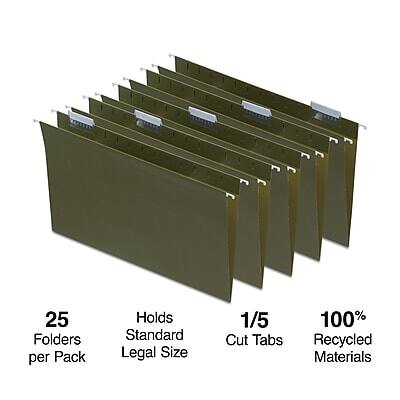 25 Folders per Pack  
Holds Standard Legal Size  
1/5 Cut Tabs  
100% Recycled Materials