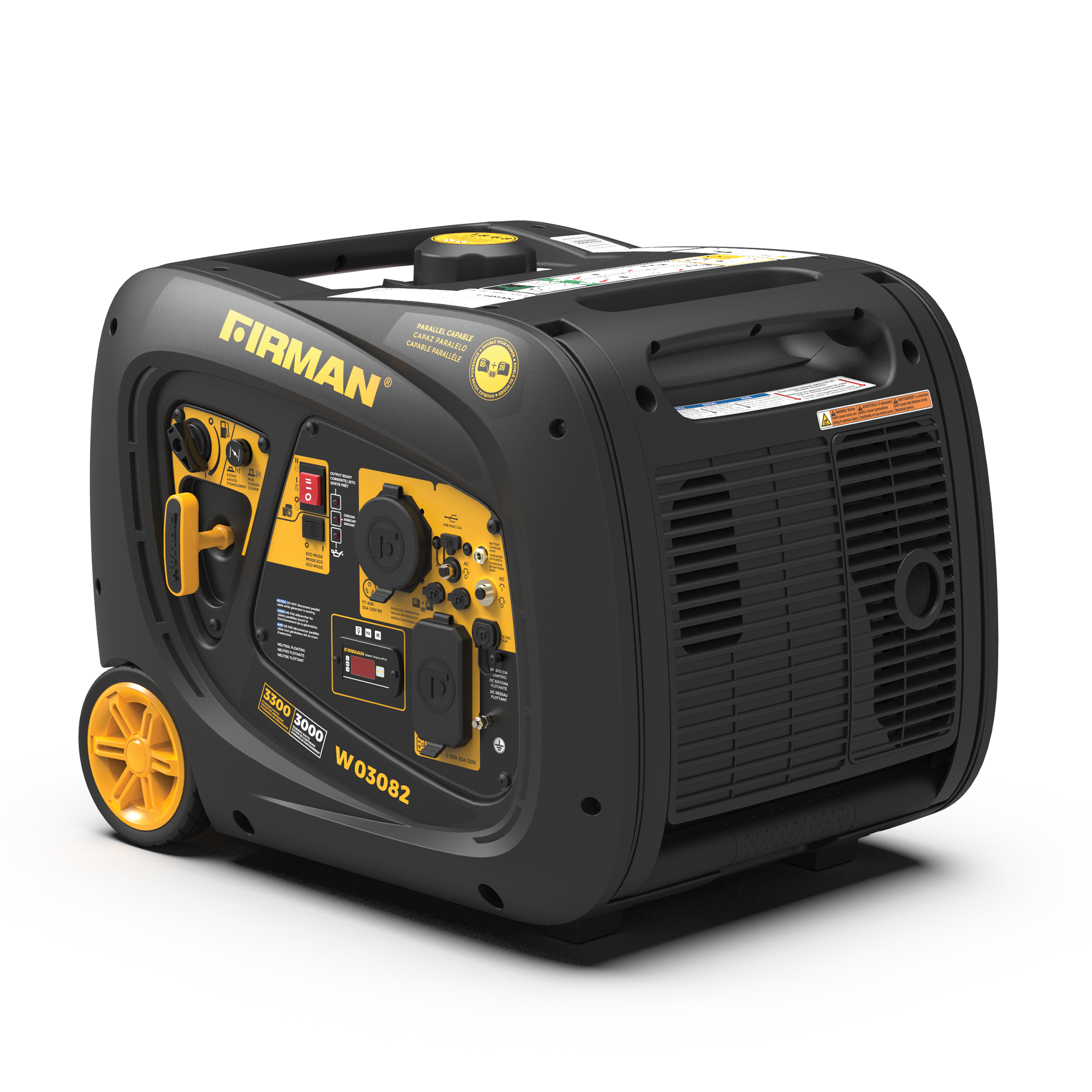 FIRMAN  
3300 W 3000 W  
W 03082  

POWER CAN BE  
CAPABLE OF  
CAUSING DEATH  

3300 W 3000 W  
W 03082