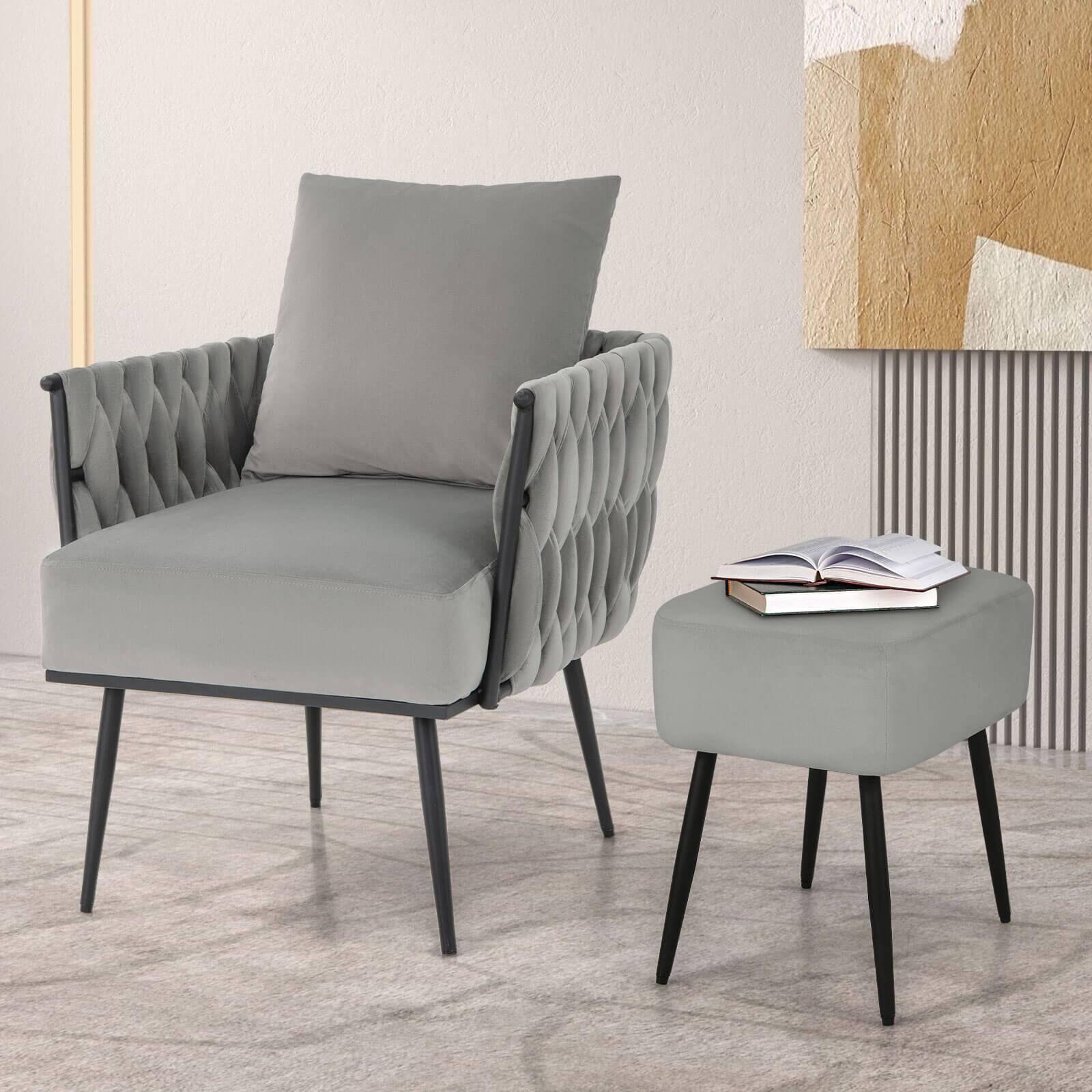 Left. Costway - Modern Dutch Velvet Accent Chair and Ottoman Set - Gray.