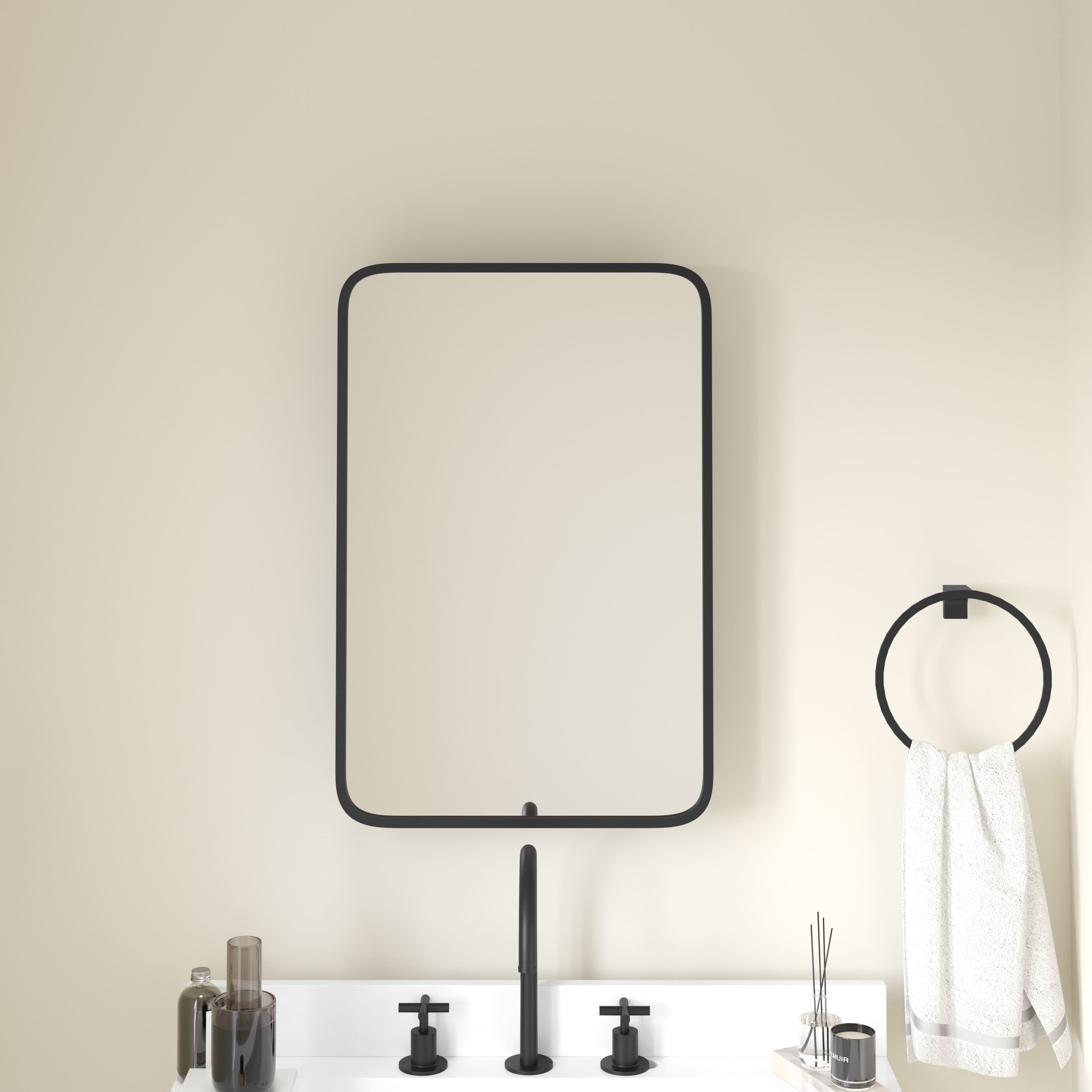 Emma + Oliver- Jackie Metal Framed Bathroom Medicine Cabinet with Reversible, Recessed Design and Beveled Rounded Mirror- Black