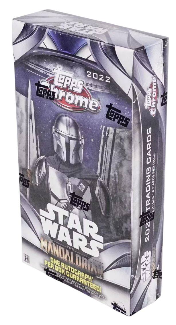Topps Chrome 2022  
Star Wars: The Mandalorian  
One Autograph Per Box Guaranteed!  
Topps Trading Cards  
One Autograph Per Box Guaranteed!  
See Pack Expiration For Details  
Dates