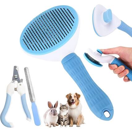 Front. THIRSTY TURTLE - Cat and Small Animal Grooming Kit – Self-Cleaning Slicker Brush, Fine Comb, Nail Clipper & File for Pets.