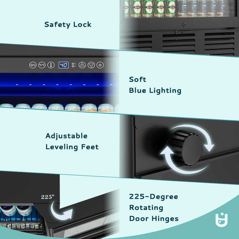 Safety Lock  
Soft Blue Lighting  
Adjustable Leveling Feet  
225-Degree Rotating Door Hinges