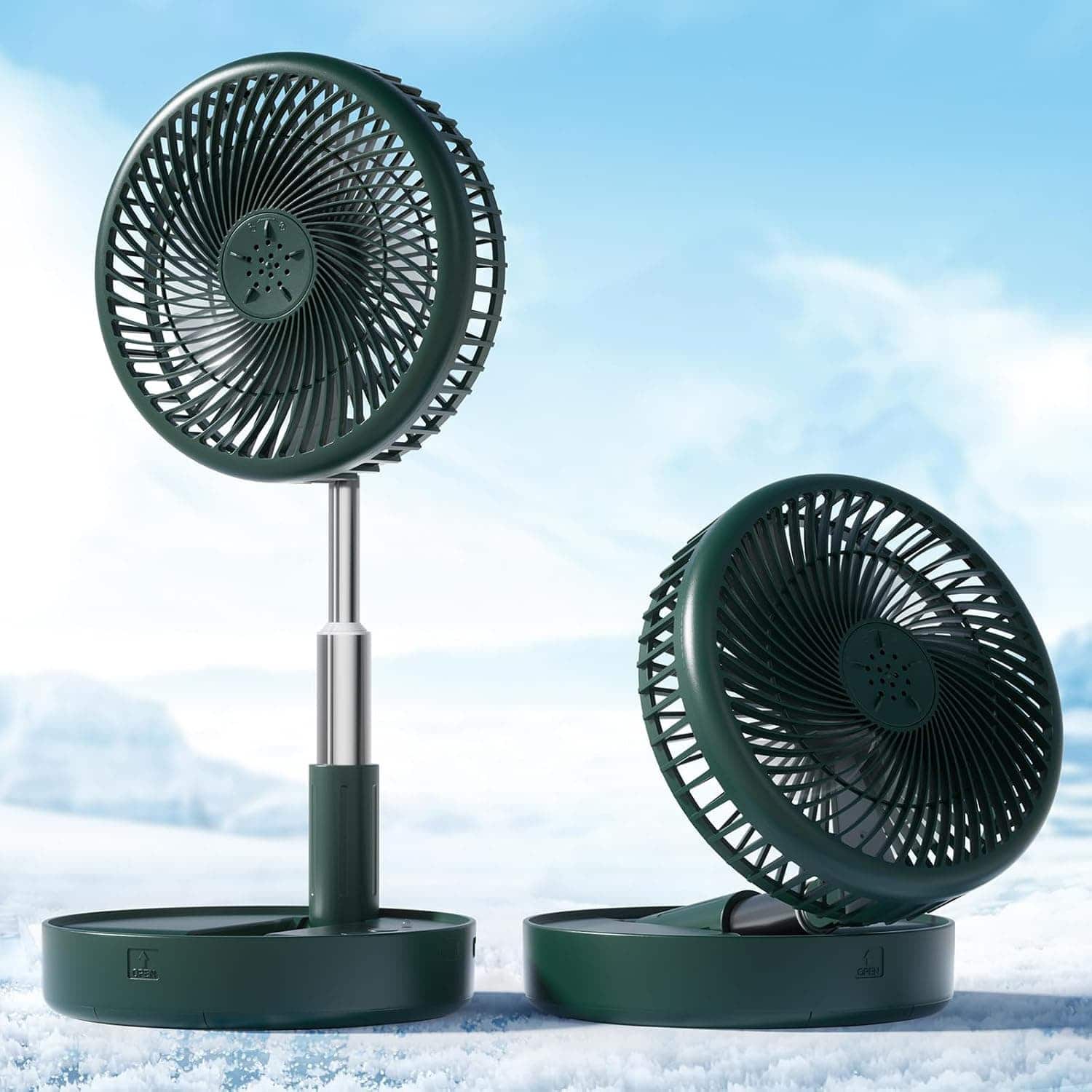 FINEAK - 7.7" Portable Rechargeable Pedestal Fan - 4 Speed, Adjustable Height, Green