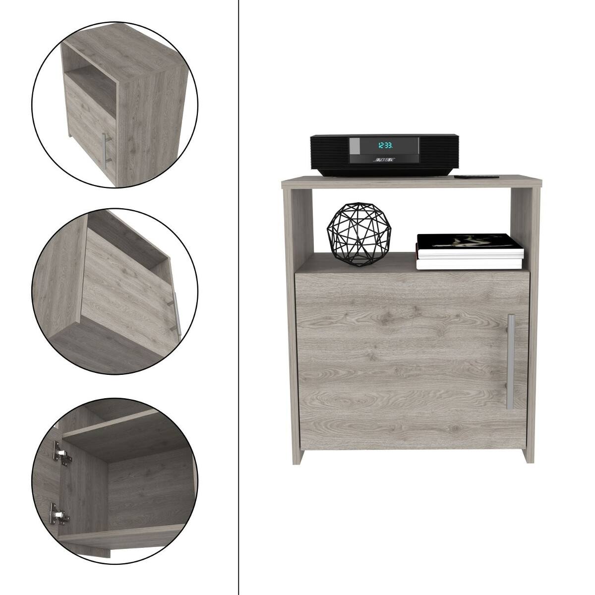 Back. Loheer - Loheer Gray Bedroom Nightstand with Single Door and Open Shelf - Gray.