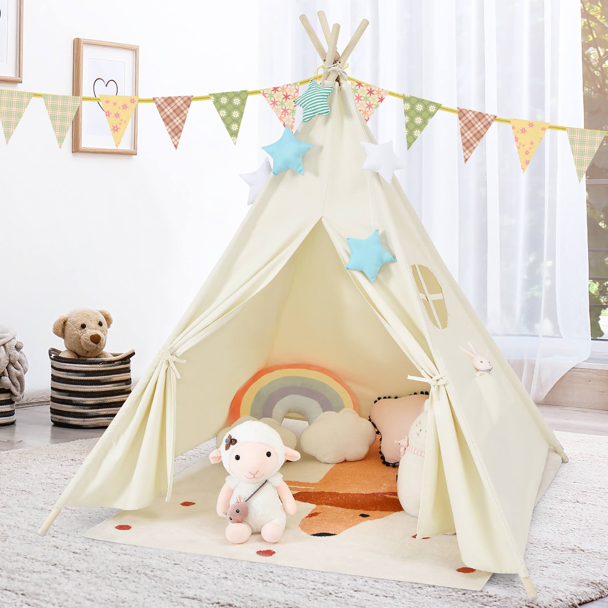 Alt View 7. Costway - Costway Kids Canvas Play Tent Foldable Playhouse Toys for Indoor Outdoor - Beige.