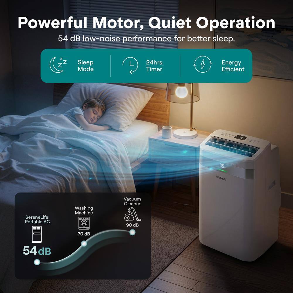 Powerful Motor, Quiet Operation  
54 dB low-noise performance for better sleep.  
N Z Z Sleep Mode  
24hrs. Timer  
Energy Efficient  

SereneLife Portable AC  
Washing Machine  
Vacuum Cleaner  

90 dB  
70 dB  
54 dB
