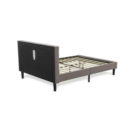 Front. East West Furniture - NLF-14-F Nolan Platform Bed - Button Tufted Brown Taupe Velvet Fabric Padded Headboard & Footboard - Black.