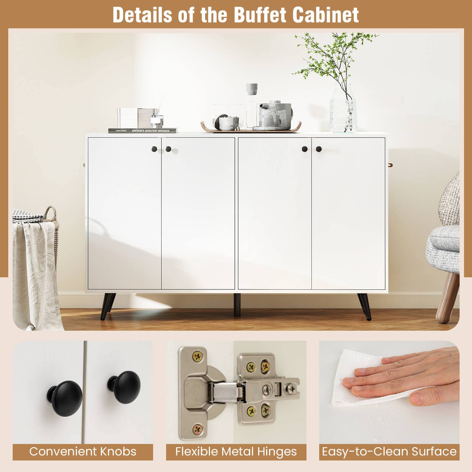Details of the Buffet Cabinet

- Convenient Knobs
- Flexible Metal Hinges
- Easy-to-Clean Surface