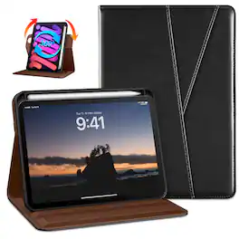 DTTO - Case for iPad Mini 7 (A17 Pro) 2024 / Mini 6 2021 - 360° Rotating Leather Folio with Pencil Holder - Black