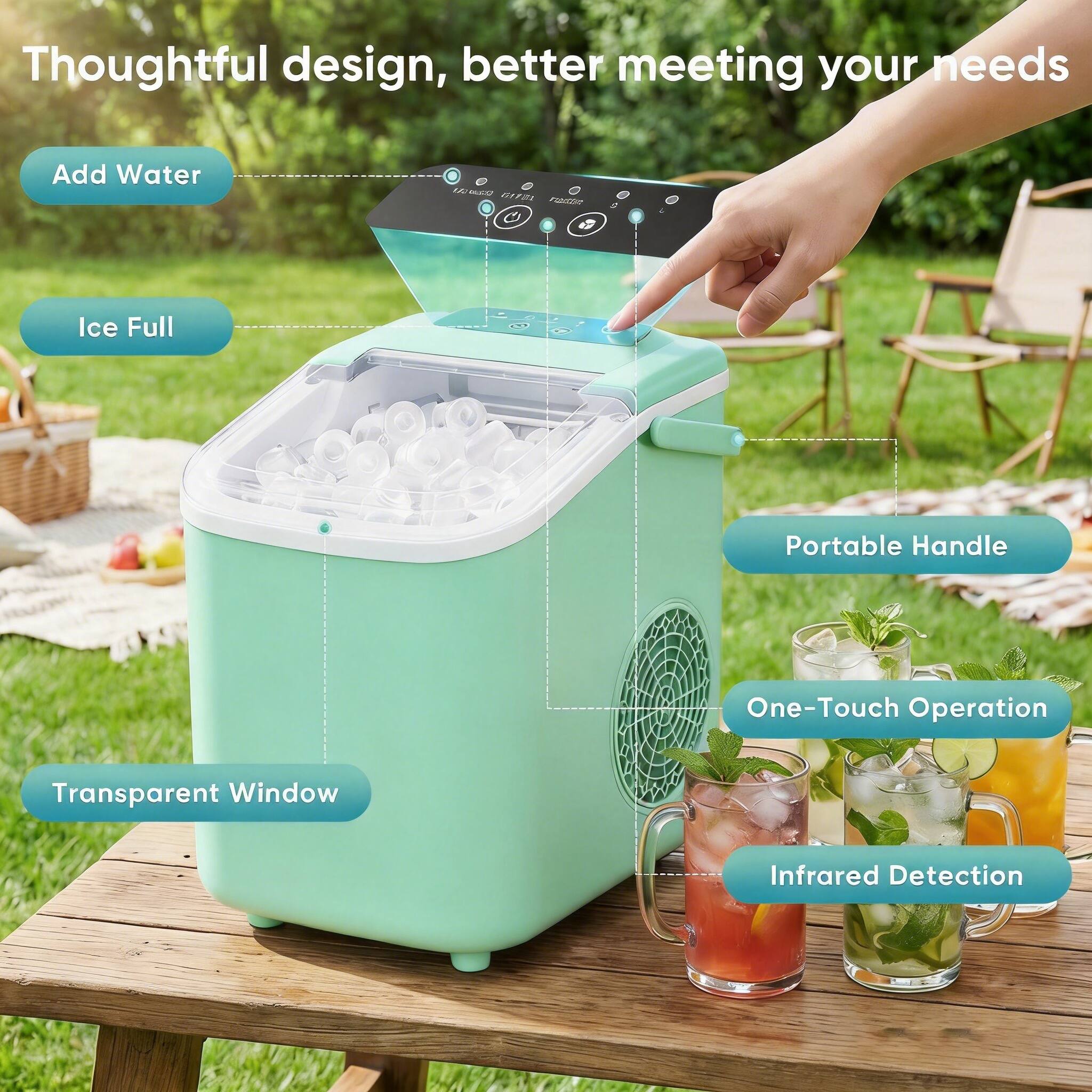 Thoughtful design, better meeting your needs

- Add Water
- Ice Full
- Portable Handle
- One-Touch Operation
- Transparent Window
- Infrared Detection