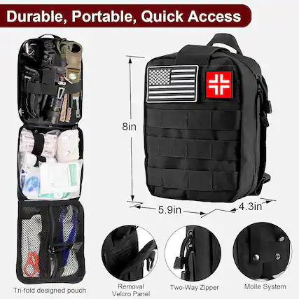 Durable, Portable, Quick Access
8in x 5.9in x 4.3in Tri-fold designed pouch
Removal Velcro Panel
Two-Way Zipper
Molle System