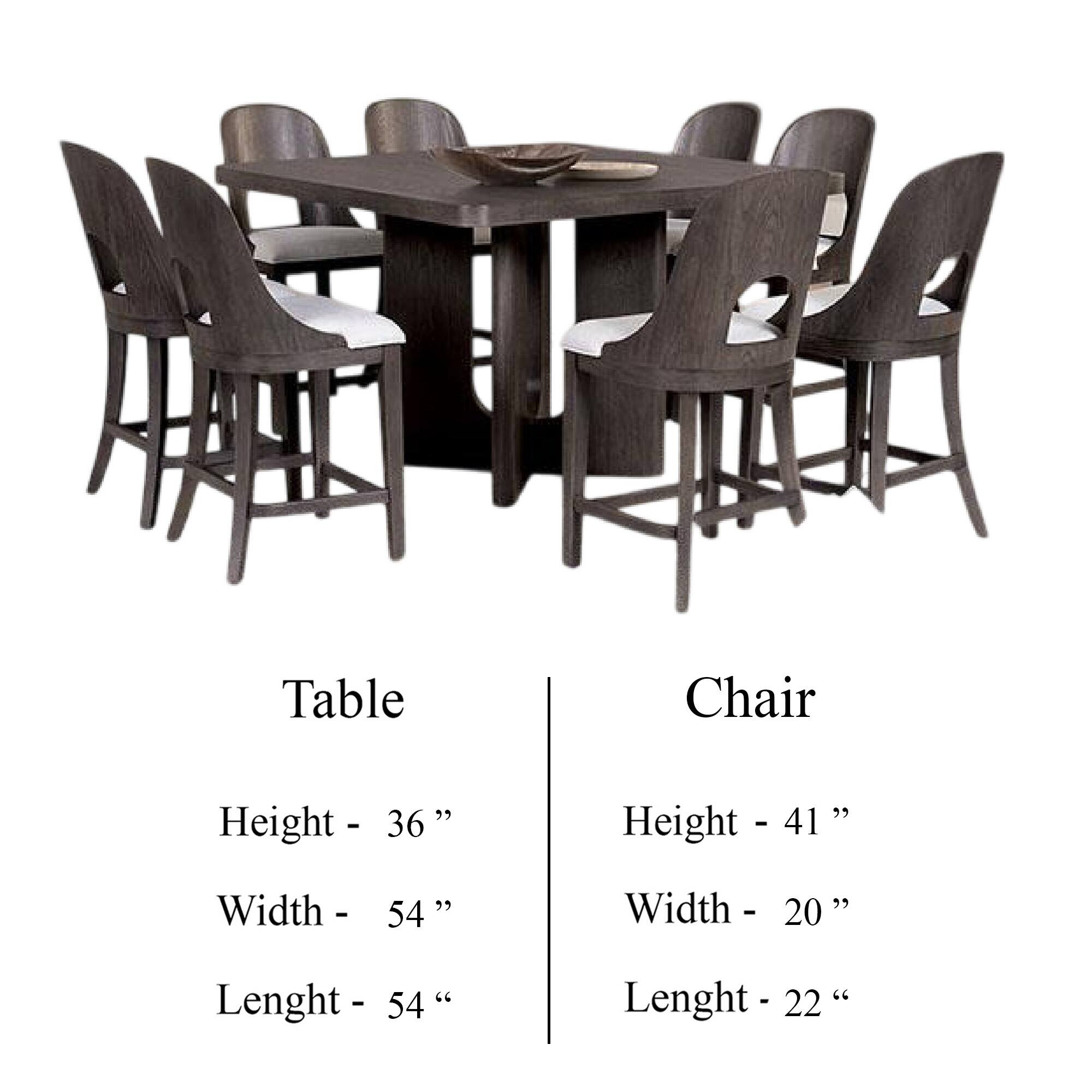Table  
Height - 36"  
Width - 54"  
Lenght - 54"  

Chair  
Height - 41"  
Width - 20"  
Lenght - 22"