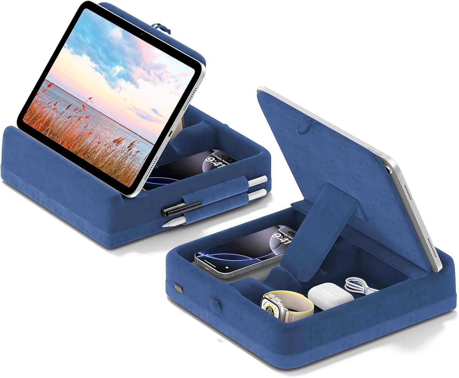 FINEAK - Foldable Tablet Pillow Stand-Adjustable Comfort & Storage - Dark Blue