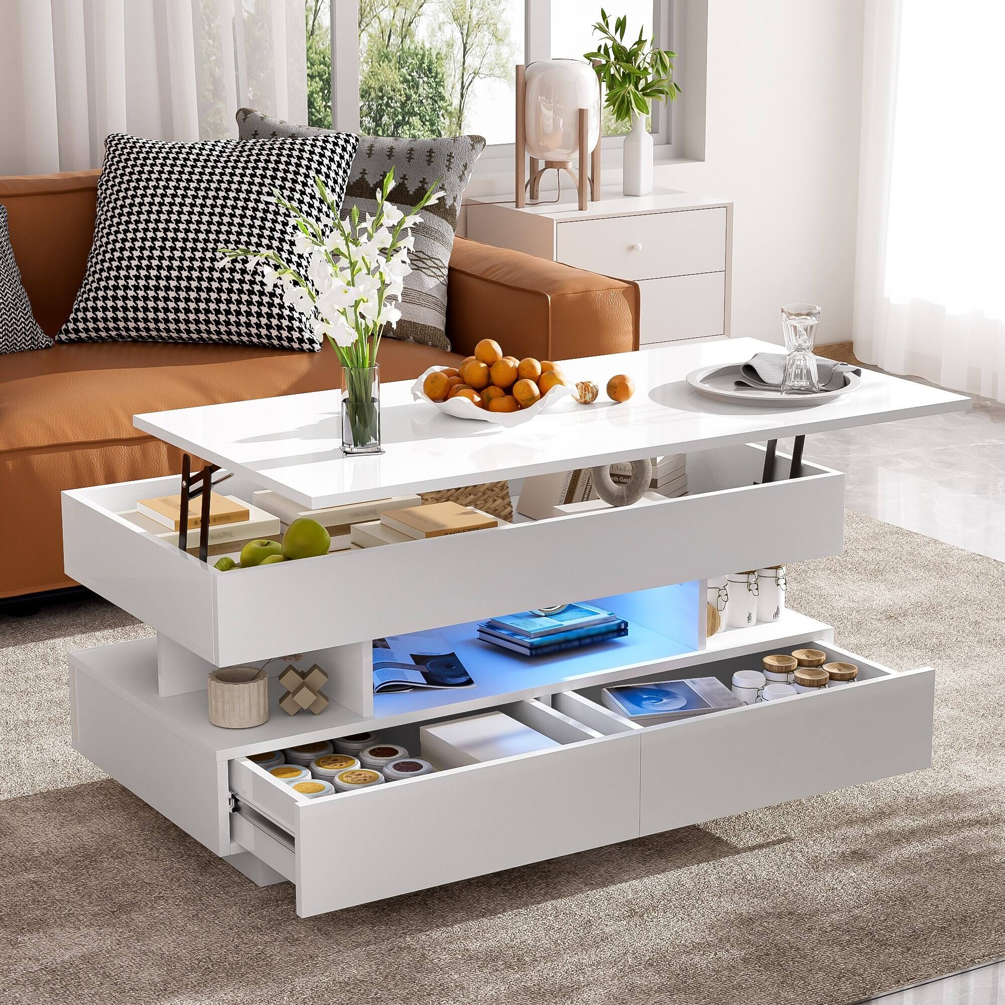 Bestier - Lift Top Coffee Table with Storage, Modern LED Lighted Coffee Table with 2 Drawers and Open Shelf for Living Room - White