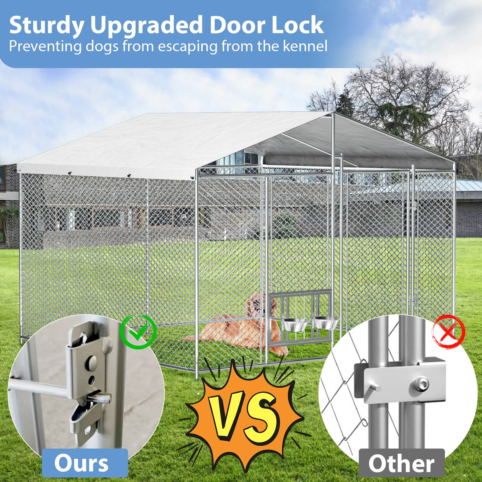 Sturdy Upgraded Door Lock  
Preventing dogs from escaping from the kennel  

Ours vs Other  

Ours  
Sturdy Upgraded Door Lock  
Preventing dogs from escaping from the kennel  

Other