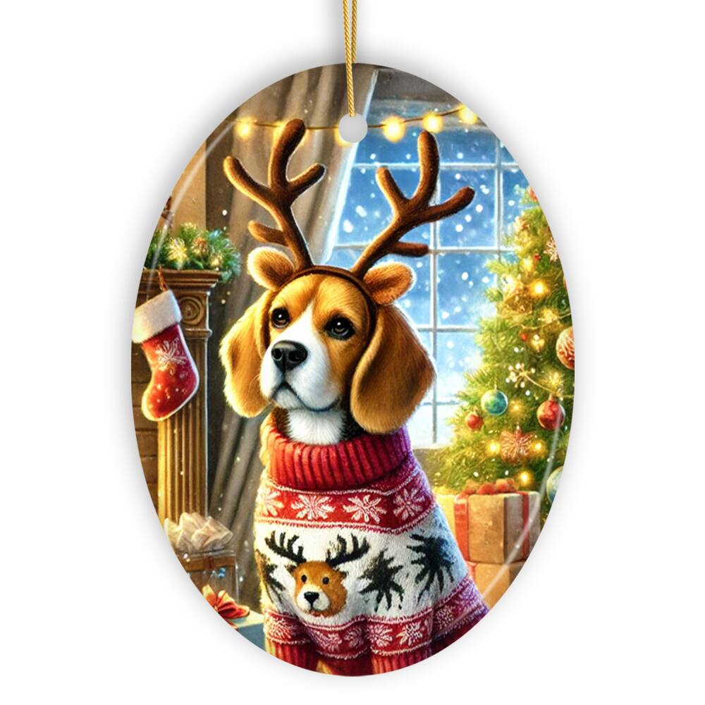 Front. OrnamentallyYou - Cozy Fireplace Beagle Ornament Snuggly Canine Christmas Gift and Decor Oval - Multi-colored.