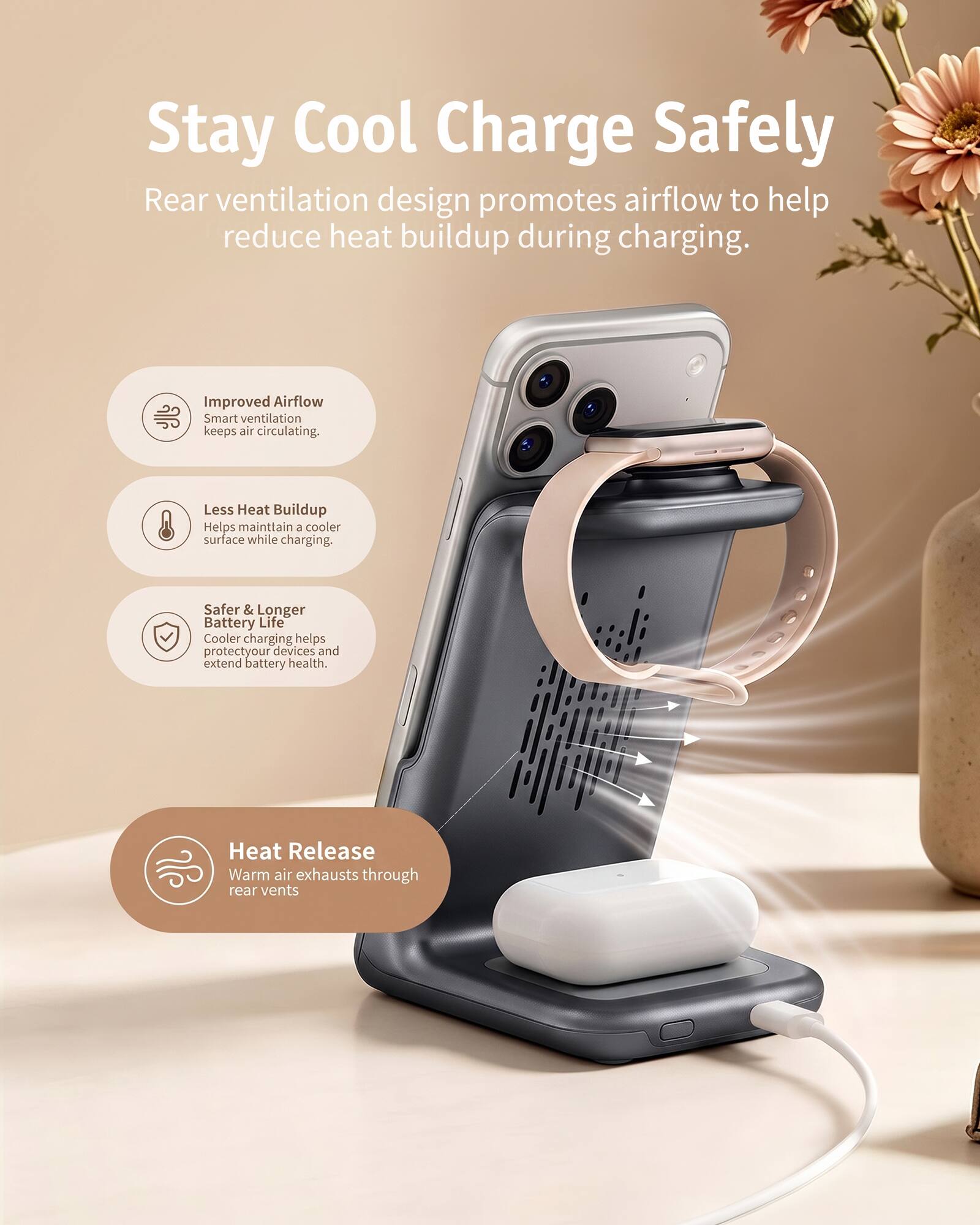 Stay Cool Charge Safely  
Rear ventilation design promotes airflow to help reduce heat buildup during charging.  

Improved Airflow  
Smart ventilation keeps air circulating.  

Less Heat Buildup  
Helps maintain a cooler surface while charging.  

Safer & Longer Battery Life  
Cooler charging helps protect your devices and extend battery health.  

Heat Release  
Warm air exhausts through rear vents