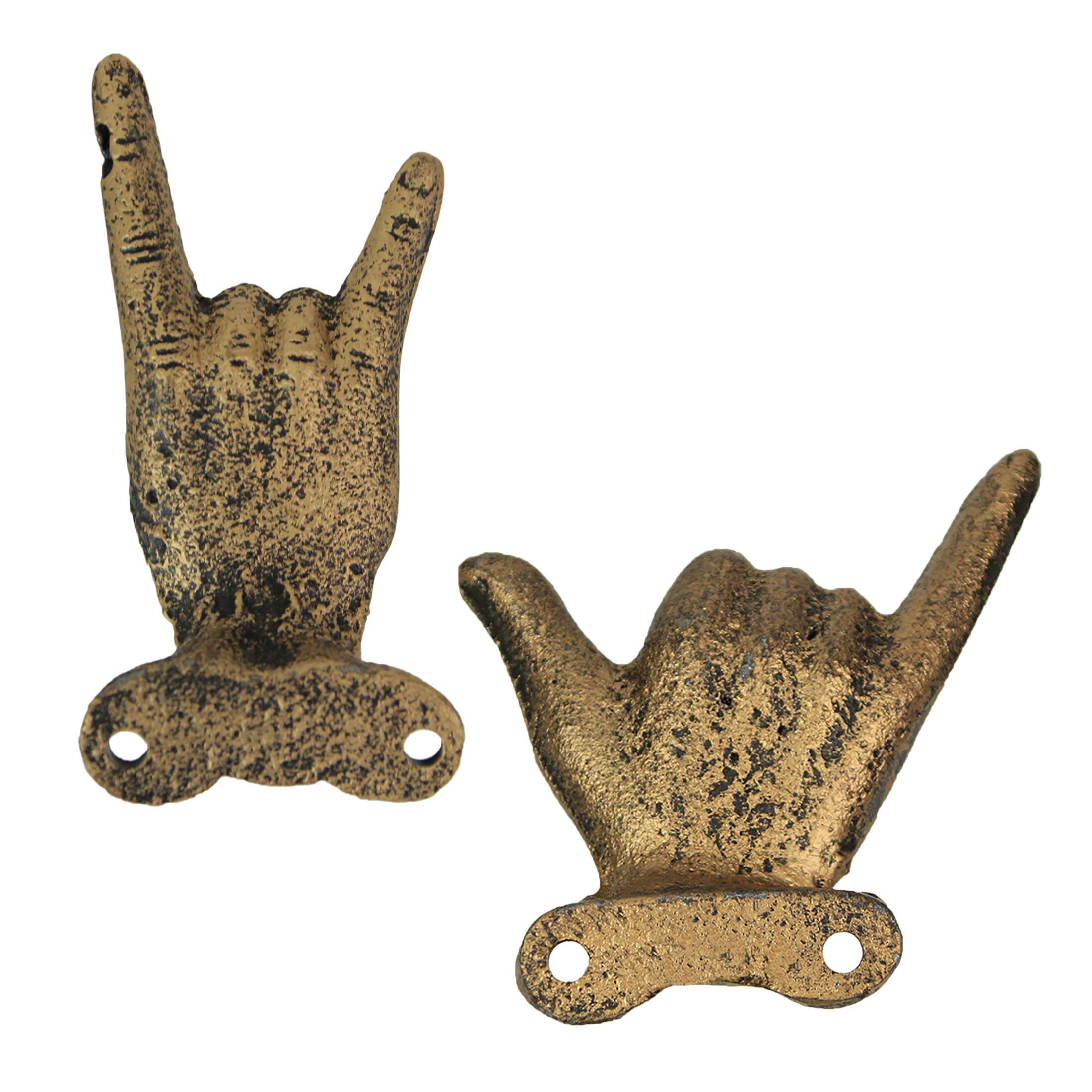 Alt View 2. Zeckos - Set of 6 Cast Iron Hand Gesture Hooks Gold Finish - Key, Towel, Jewelry Hangers - Gold.