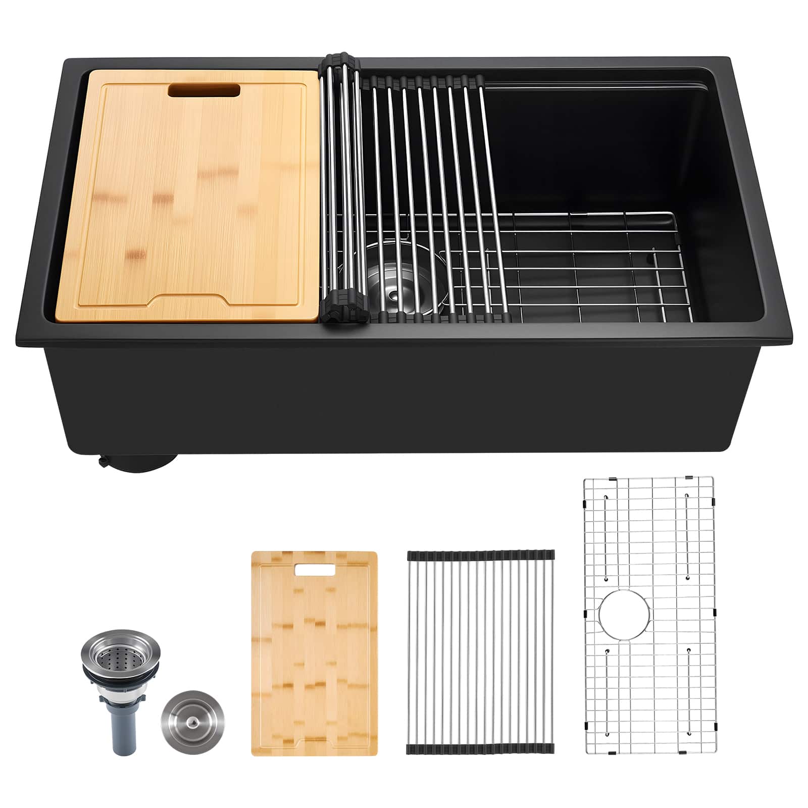 VEVOR - 30 inch Kitchen Sink Workstation,Undermount Granite Sink,Drop-In Single Bowl Farmhouse Basin with Multiple Accessories - Black