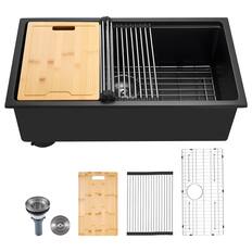 Front. VEVOR - 30 inch Kitchen Sink Workstation,Undermount Granite Sink,Drop-In Single Bowl Farmhouse Basin with Multiple Accessories - Black.