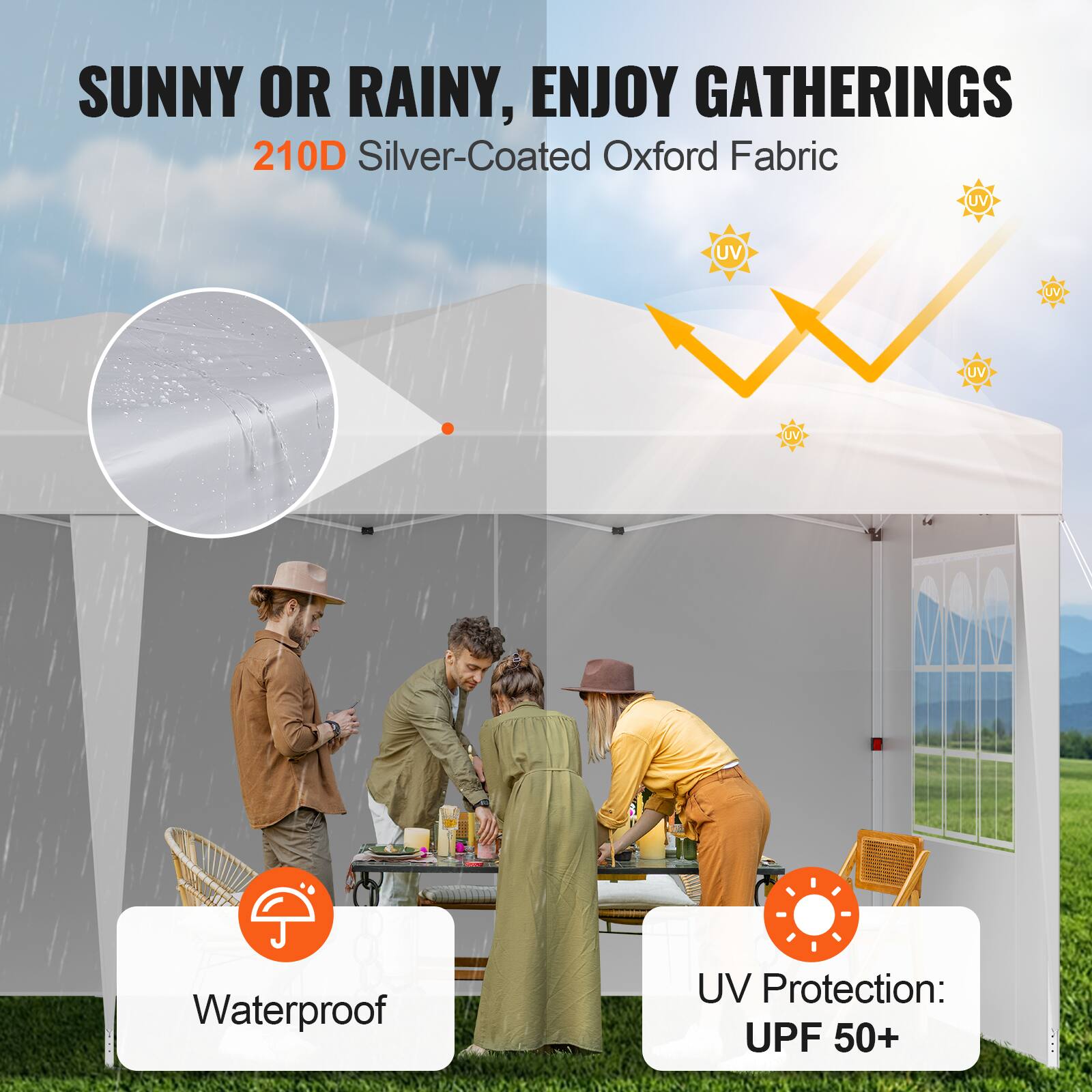 SUNNY OR RAINY, ENJOY GATHERINGS  
210D Silver-Coated Oxford Fabric  

Waterproof  

UV Protection: UPF 50+
