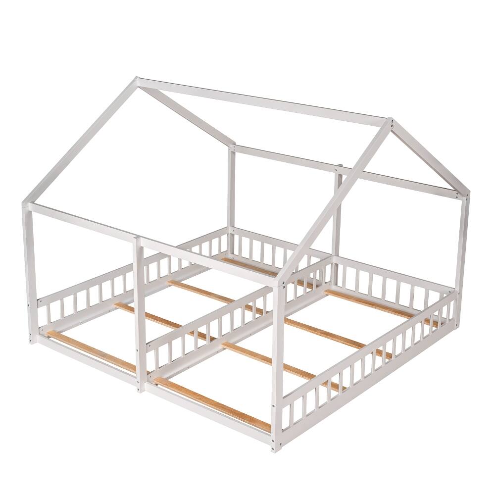 Alt View 4. Loheer - Loheer Twin Size House Bed, 2 in 1 Shared Platform Bed for Kids, White - White.