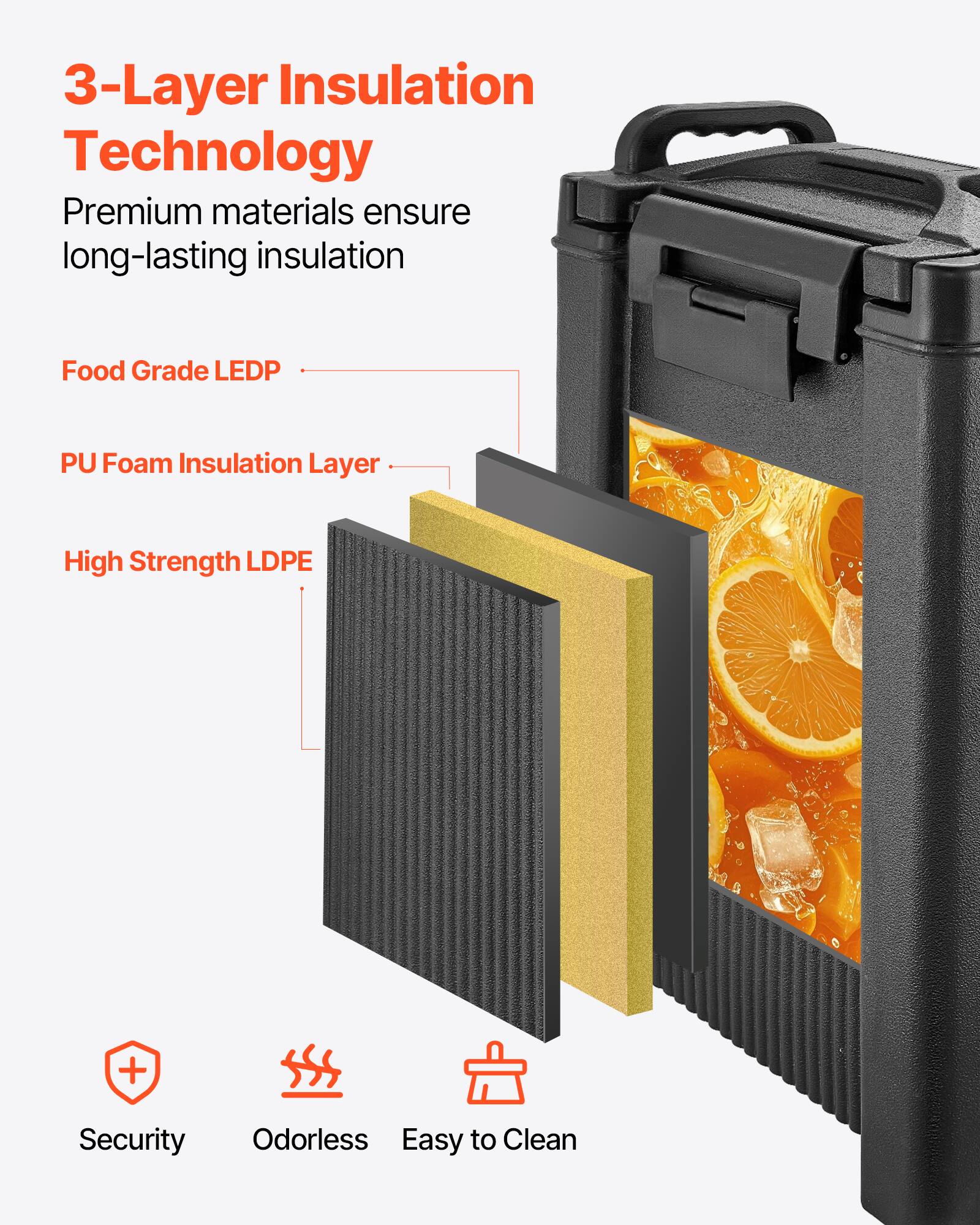 3-Layer Insulation Technology  
Premium materials ensure long-lasting insulation  

Food Grade LEDP  
PU Foam Insulation Layer  
High Strength LDPE  

Security  
Odorless  
Easy to Clean