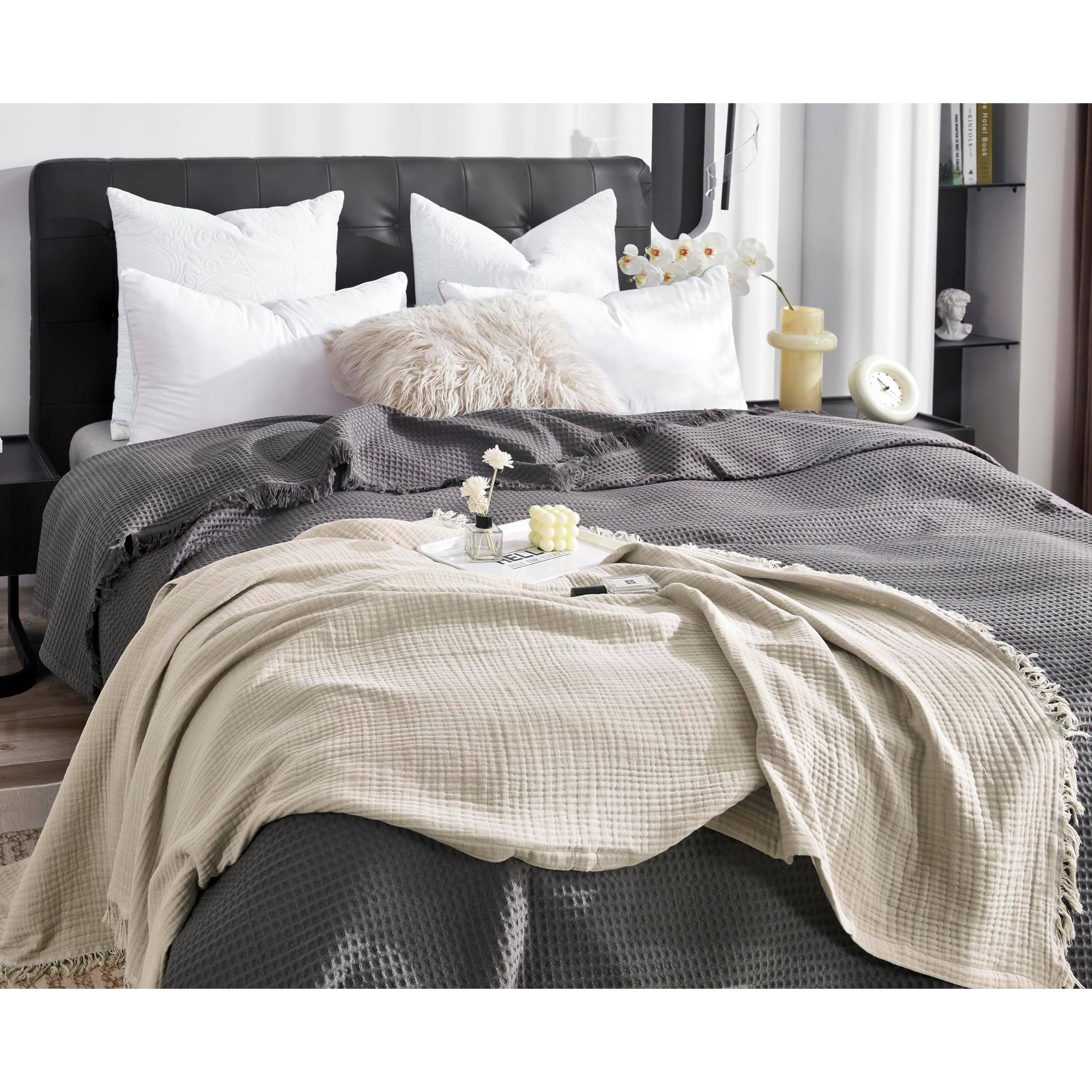 Alt View 3. Dapper Styles - Cotton 90 x90 Queen Muslin Blankets For Adults Couch Plant Dyed Breathable Lightweight Soft Gauze Bed All - Dark Grey-Large Throw.