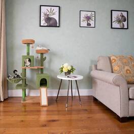 BreeBe - Tall Cat Activity Center with Ladders, Scratch Columns, Two Condos & Cozy Bed - Green