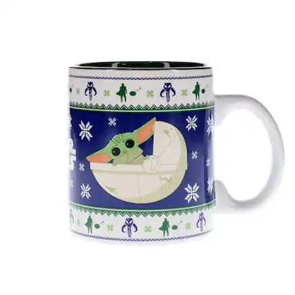 Front. Silver Buffalo - Star Wars: The Mandalorian Grogu Christmas Sweater Ceramic Mug | Holds 20 Ounces - Blue.