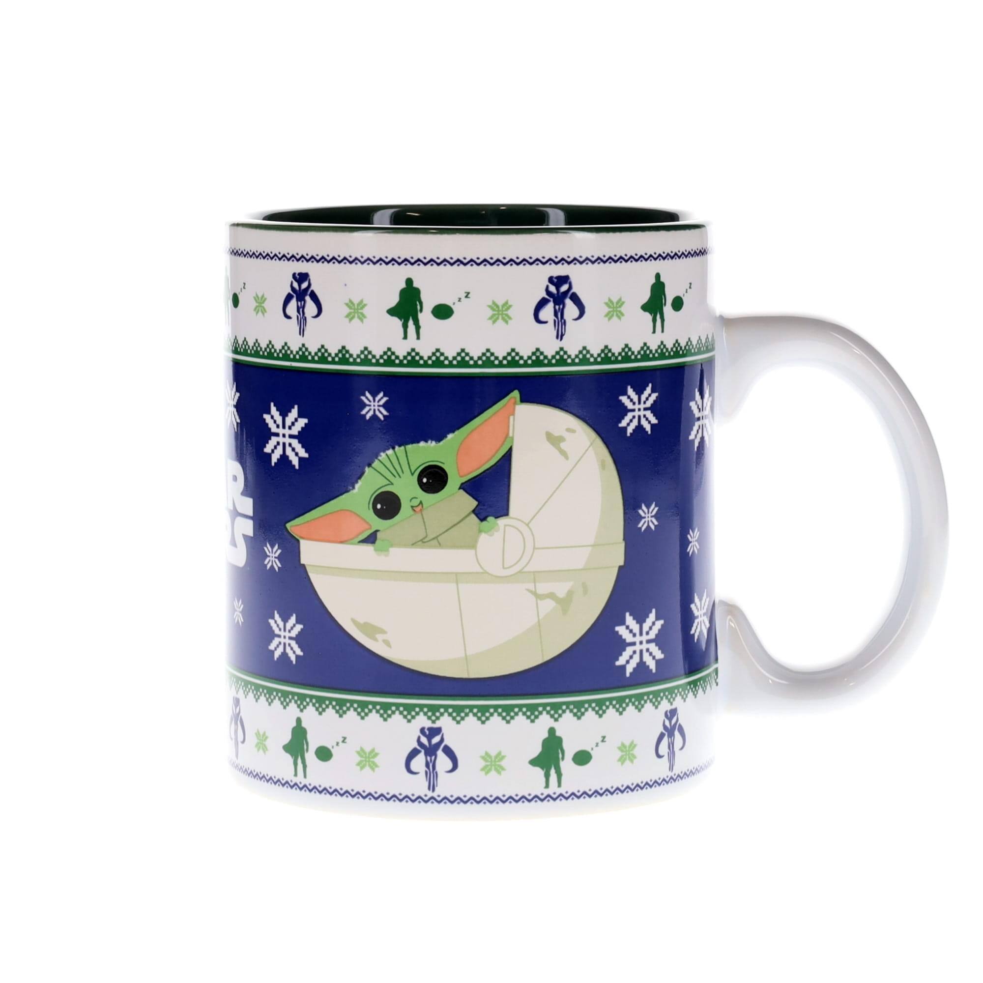 Front. Silver Buffalo - Star Wars: The Mandalorian Grogu Christmas Sweater Ceramic Mug | Holds 20 Ounces - Blue.