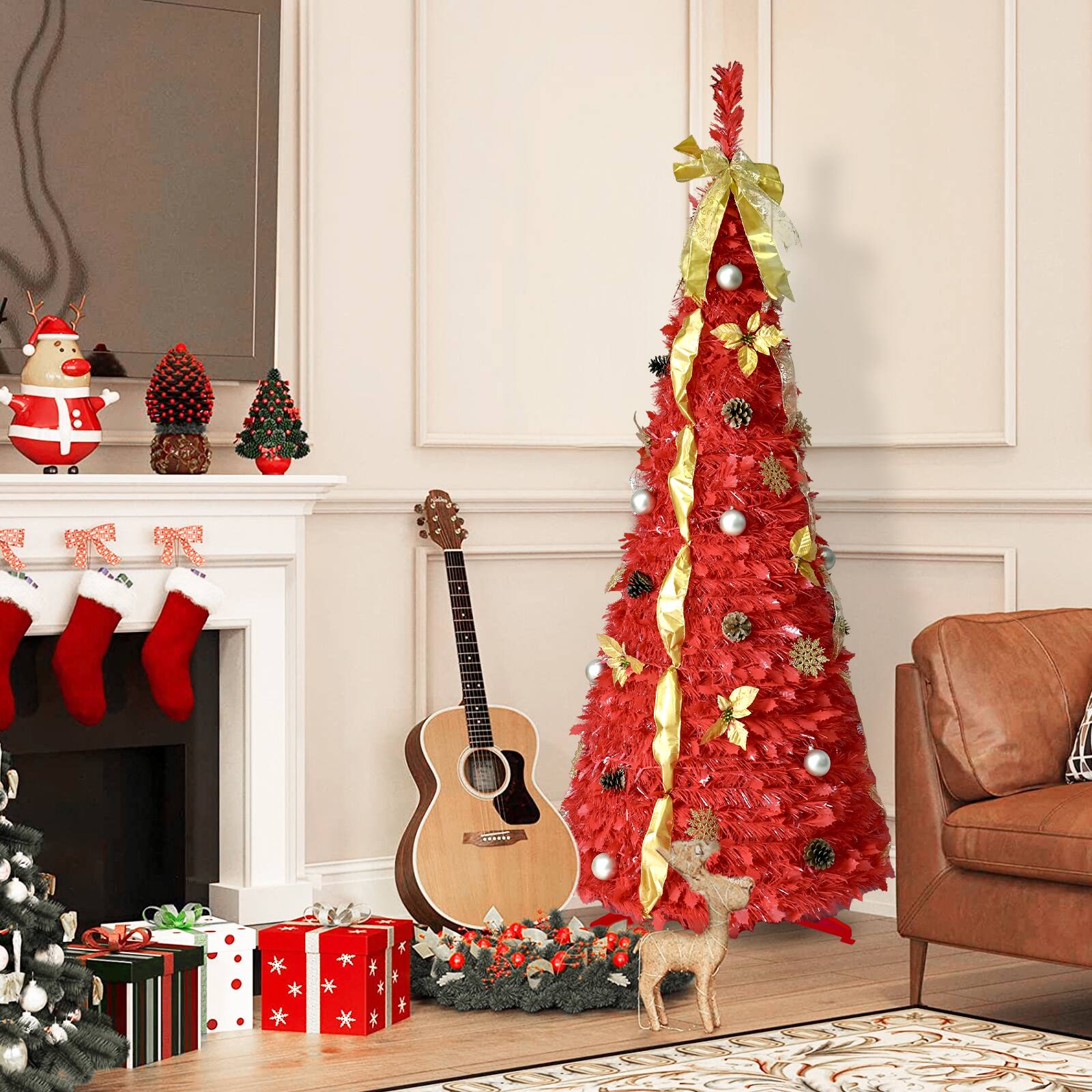 Alt View 3. Resenkos - Resenkos Artificial 6ft Red Pop Up Christmas Tree with, Indoor Holiday Decorating - Red.