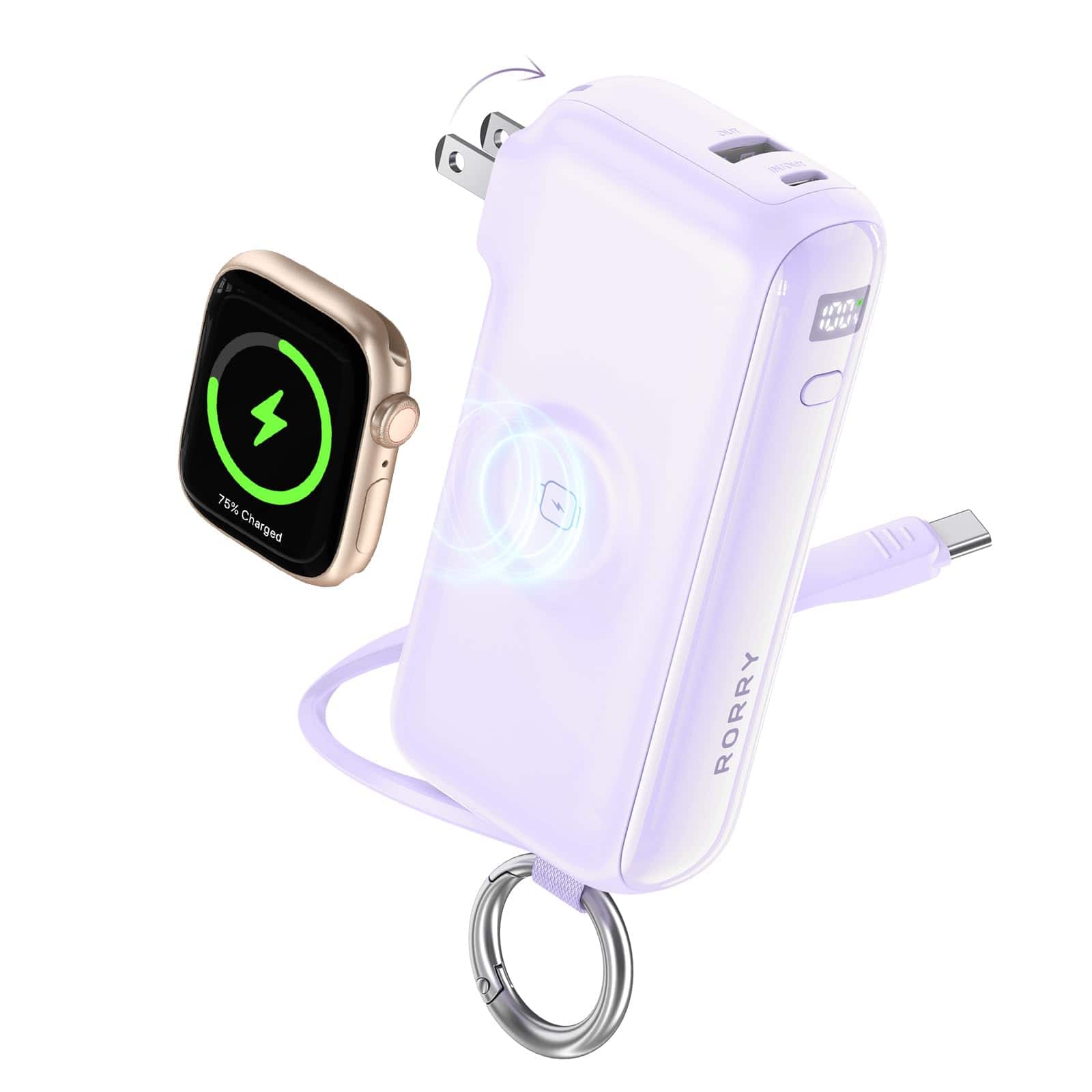 RORRY - Flow 10000mAh 40W Portable Charger with USB-C Cable and Wall Plug, Compatible with iPhone 18/17/16/15 - purple