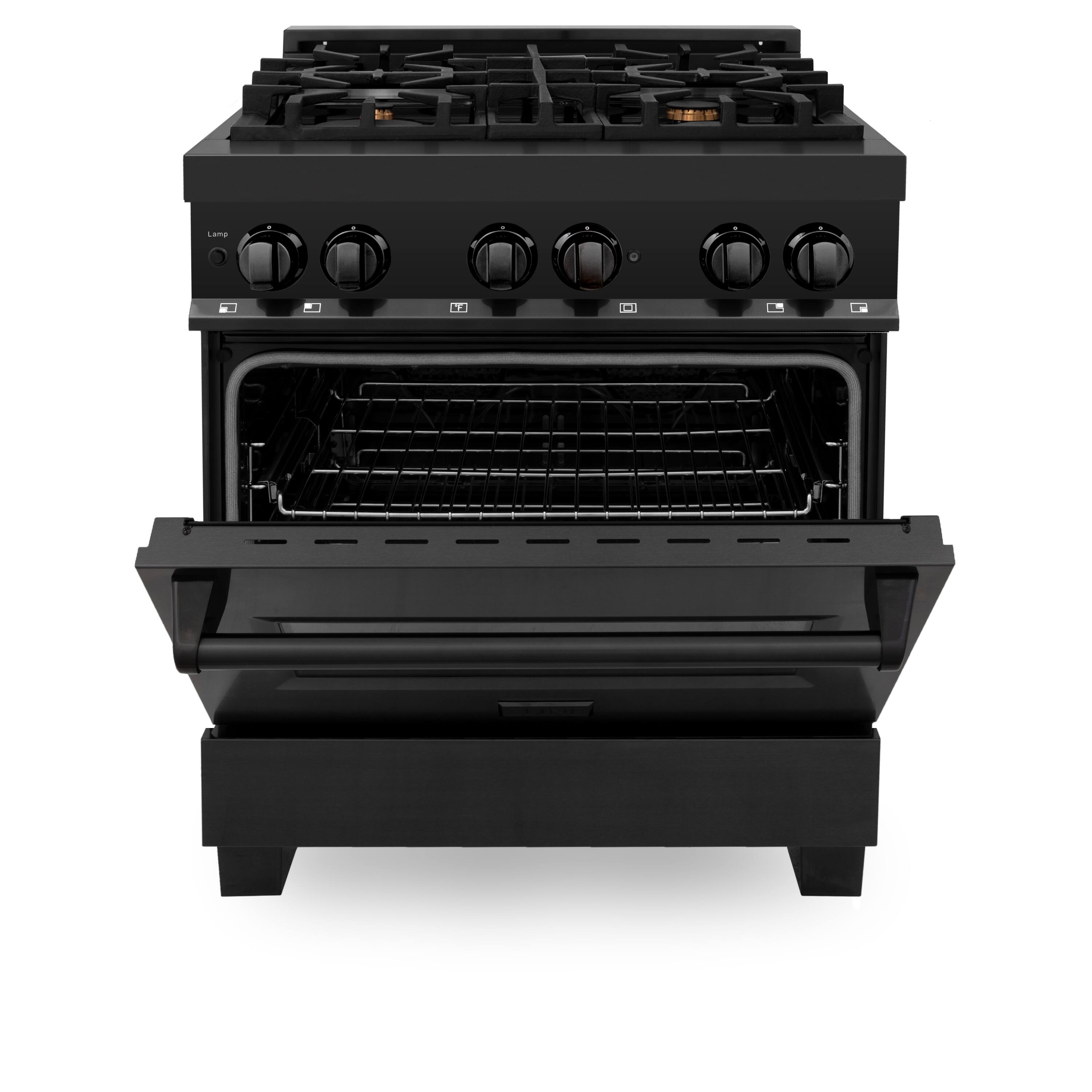 Angle. ZLINE - 30" Legacy Dual Fuel Range w/ 4 Brass Burners & Oven in Black Stainless Steel (RAB-BR-30) - Black Stainless Steel/Brass Burners.