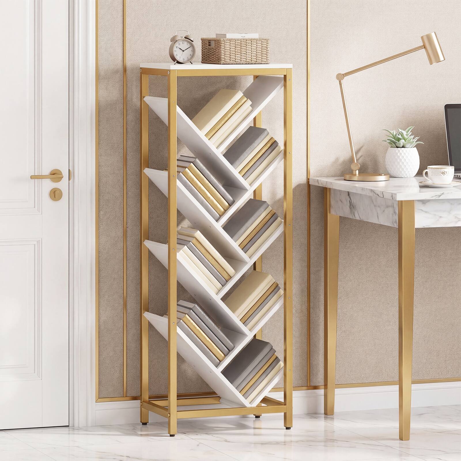 Alt View 3. Costway - Costway Tree Bookshelf 9-Tier Freestanding Bookcase Corner Narrow Display Shelf for Home - White & Gold.