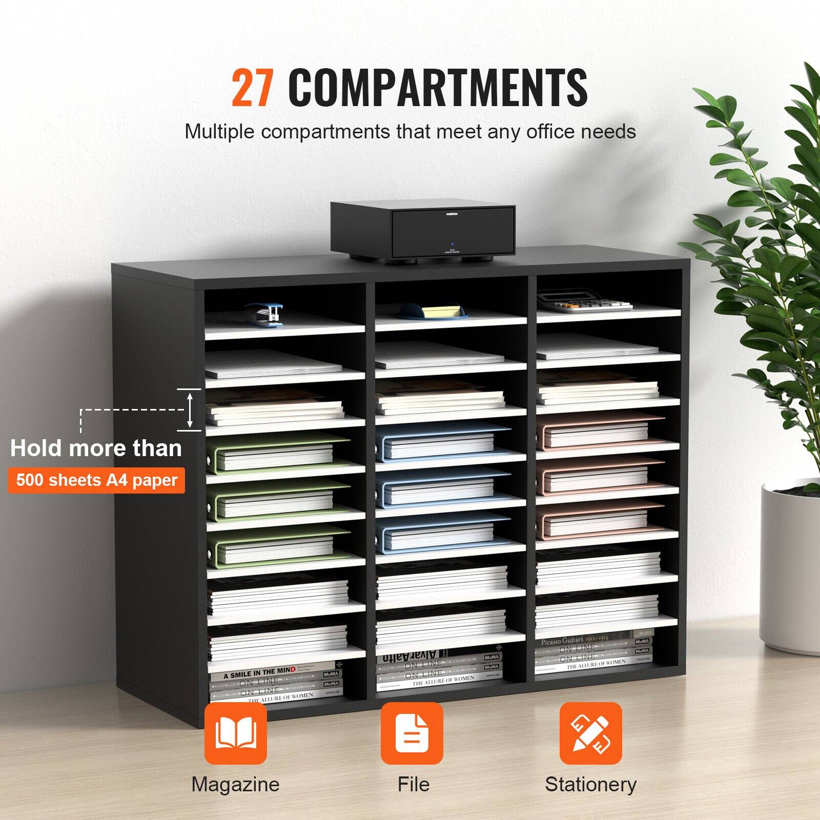 27 COMPARTMENTS  
Multiple compartments that meet any office needs  

Hold more than 500 sheets A4 paper  

Magazine  
File  
Stationery