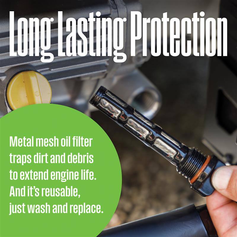 Long Lasting Protection

Metal mesh oil filter traps dirt and debris to extend engine life. And it's reusable, just wash and replace.