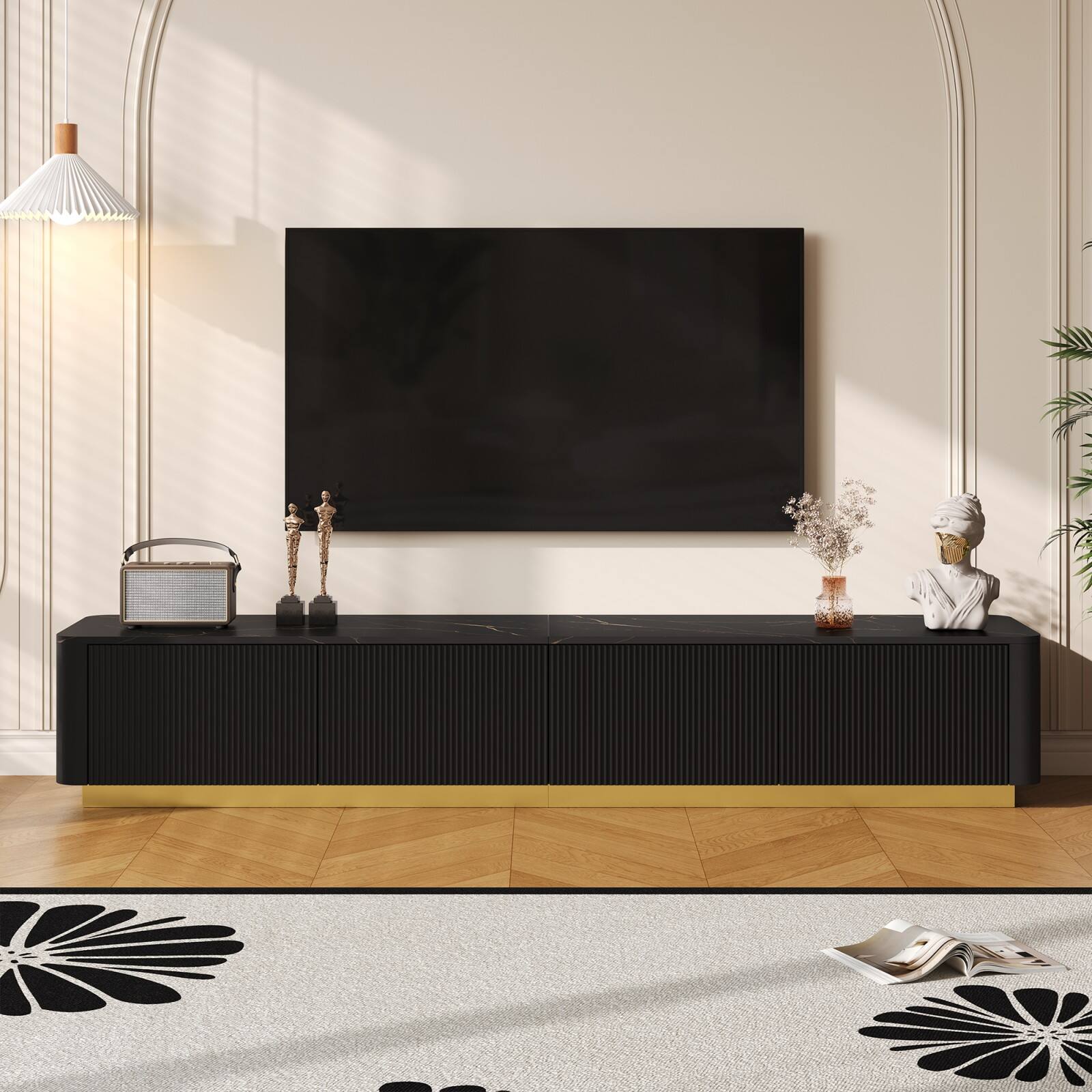 Alt View 1. Ecooso - Luxury Fluted TV Stand for TVs Up to 85", Faux Marble Tabletop Media Console，4 Drawers, Curved Profile Design, Gold Base - Black.